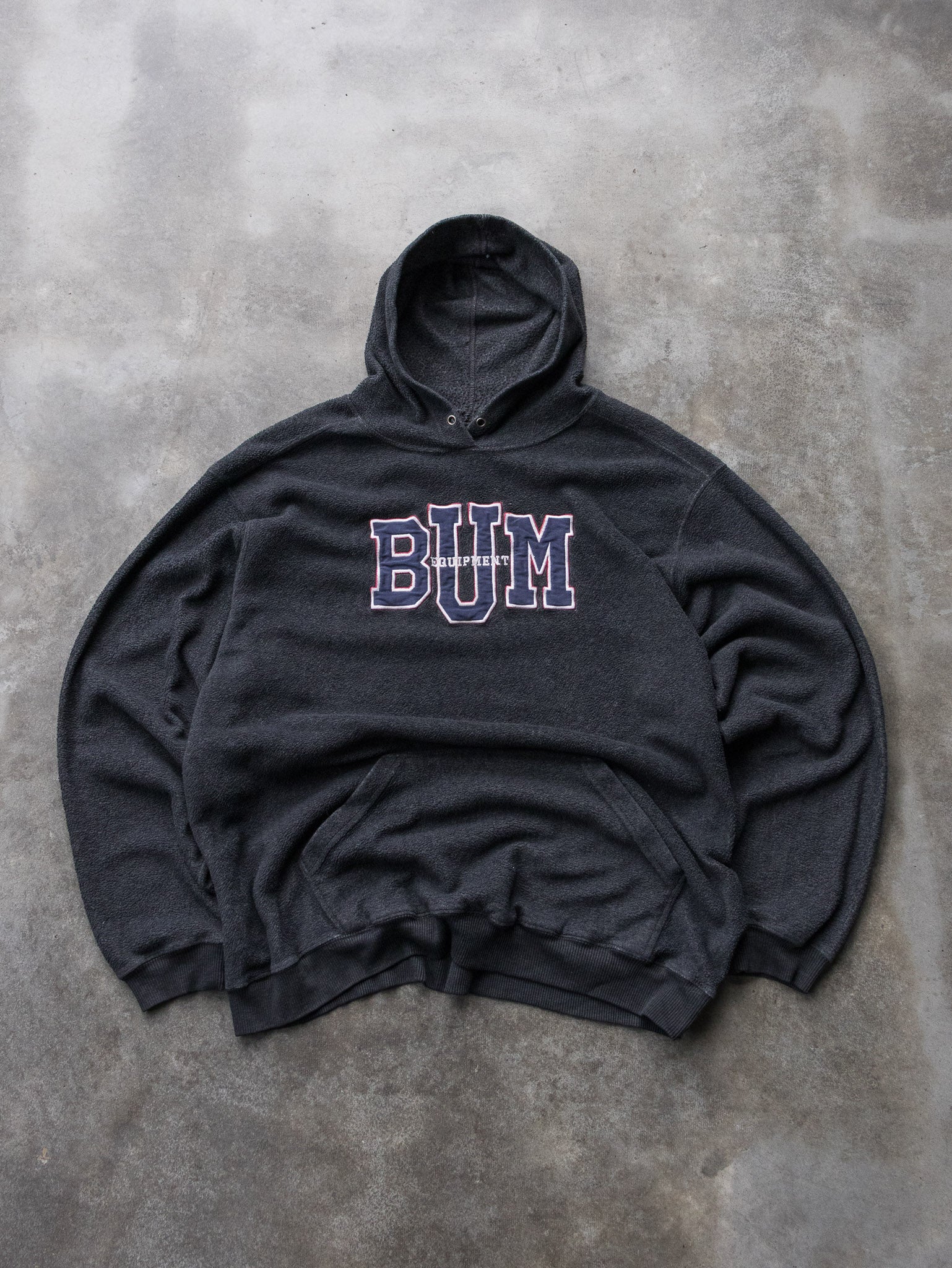 Vintage 90s Charcoal B.U.M. Equipment Fleece Hoodie (XL)