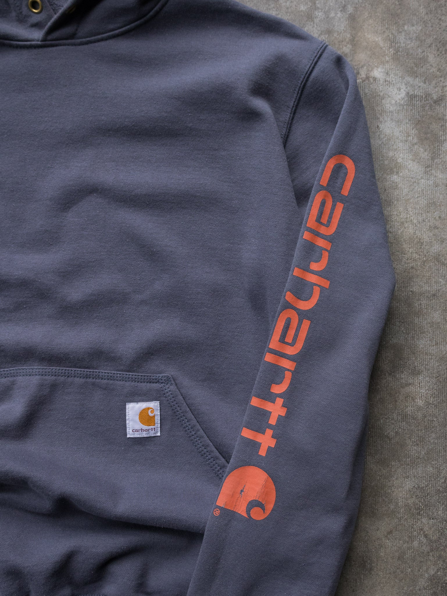 Vintage Slate Blue Carhartt Sleeve Spell Out Hoodie (M)