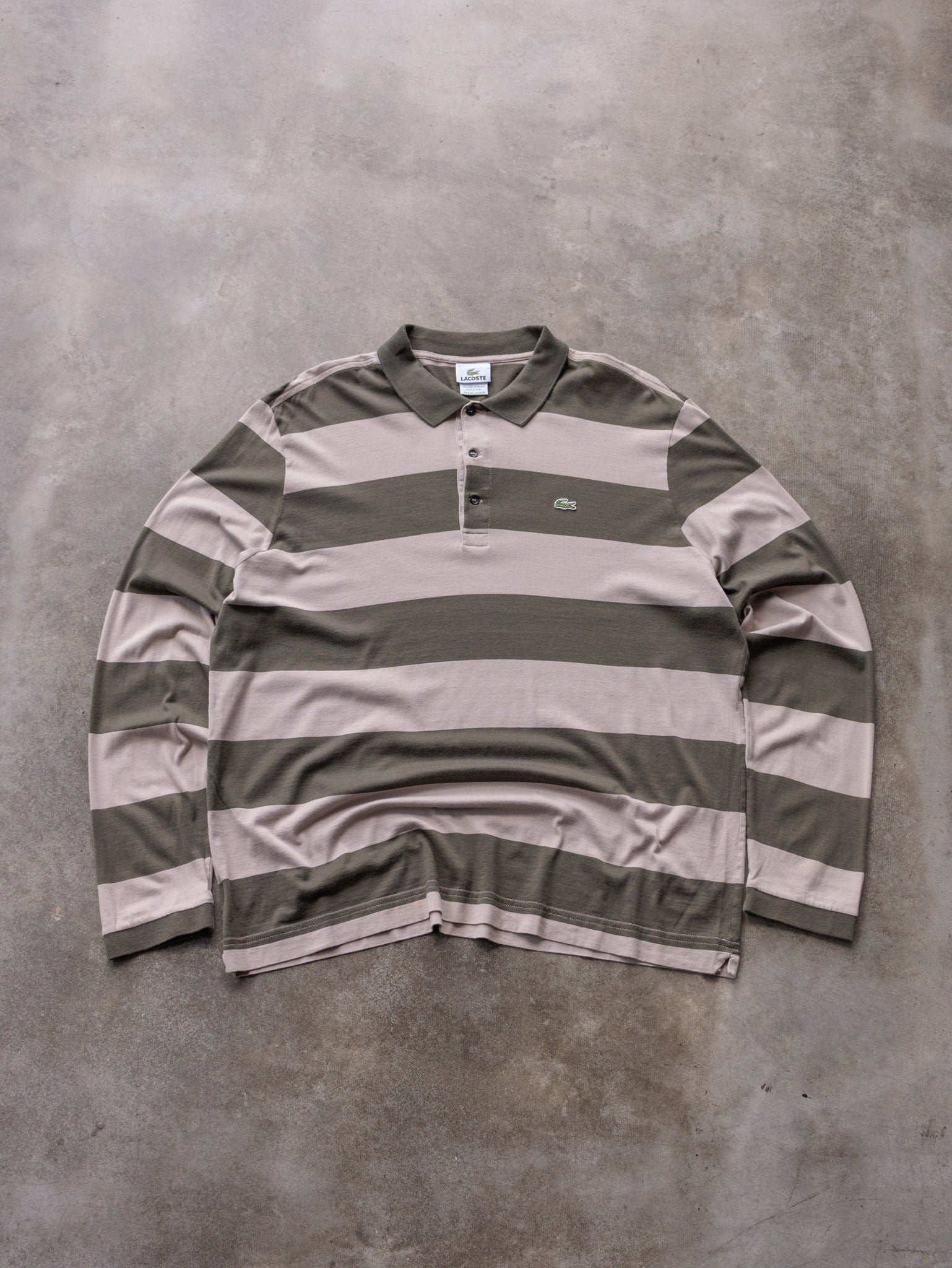Vintage Green Striped Lacoste Long Sleeve Polo Shirt (2XL)
