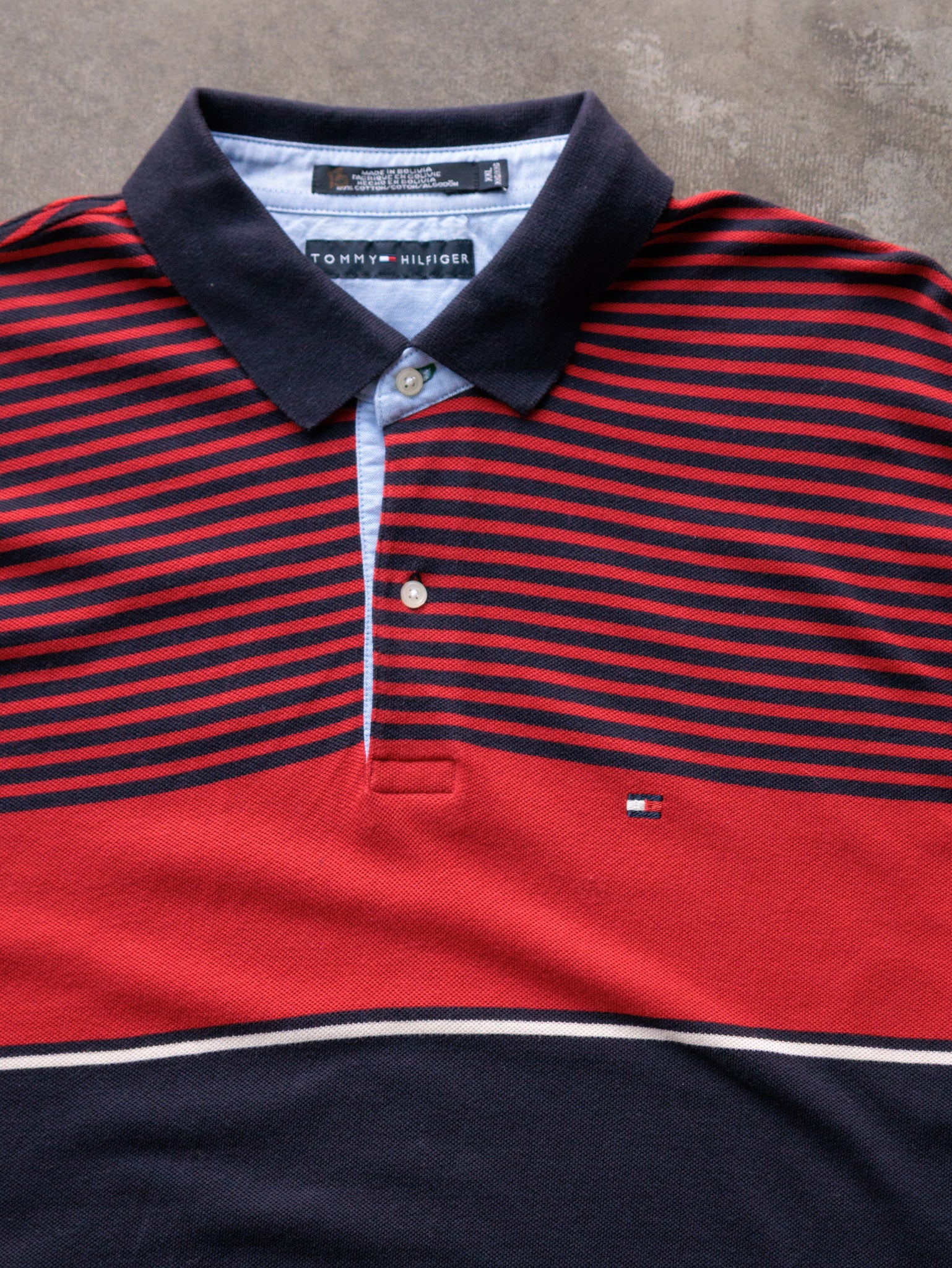Vintage 00s Navy Colourblock Tommy Hilfiger Long Sleeve Polo Shirt (2XL)
