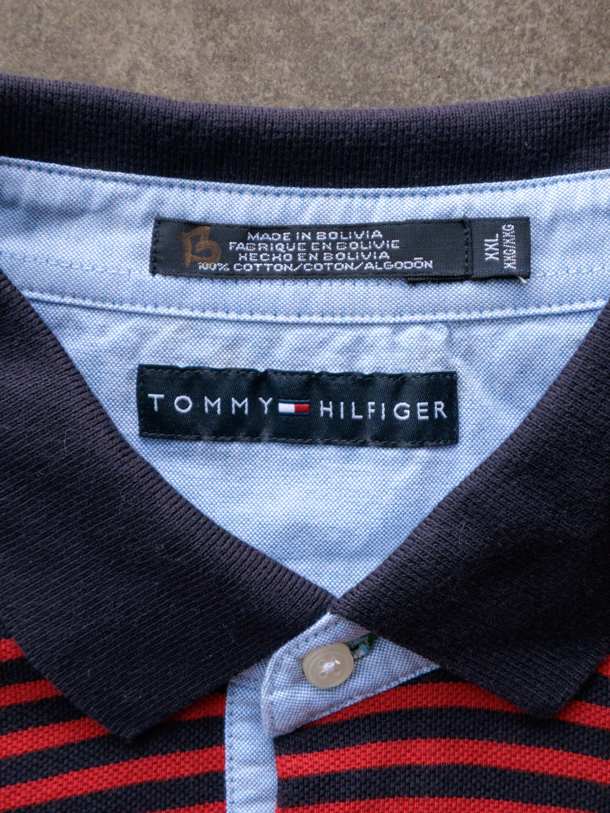 Vintage 00s Navy Colourblock Tommy Hilfiger Long Sleeve Polo Shirt (2XL)