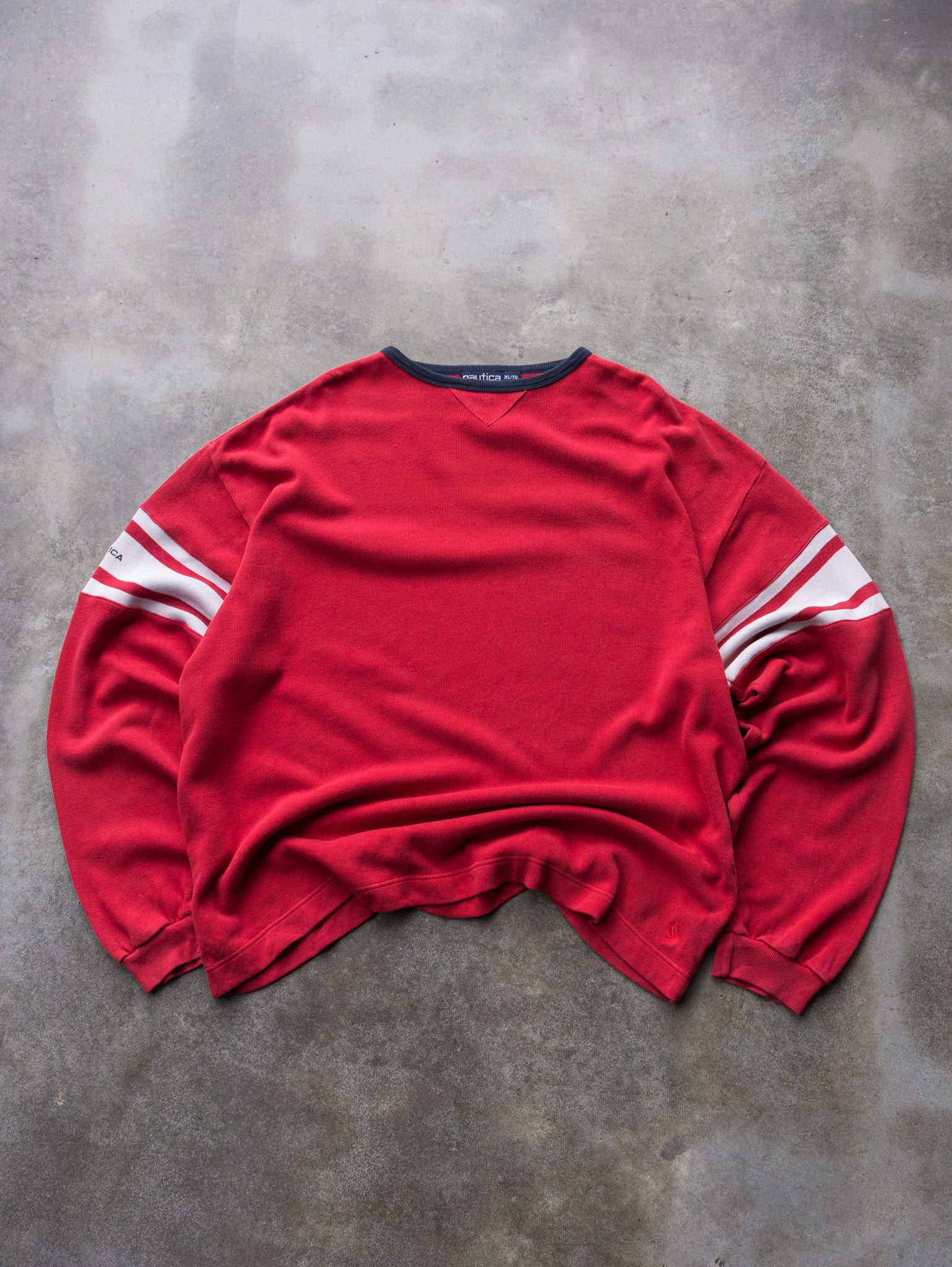 Vintage 90s Red Nautica Striped Sleeve Sweatshirt (XL)