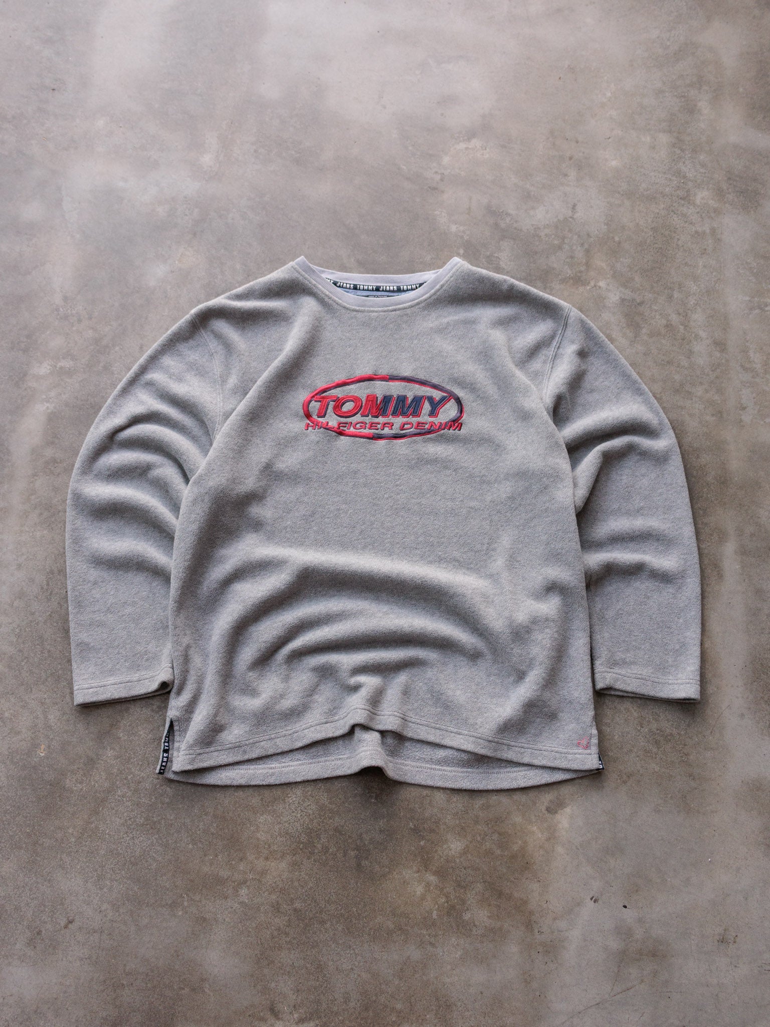 Vintage 90s Grey Tommy Hilfiger Denim Fleece Sweatshirt (XL)