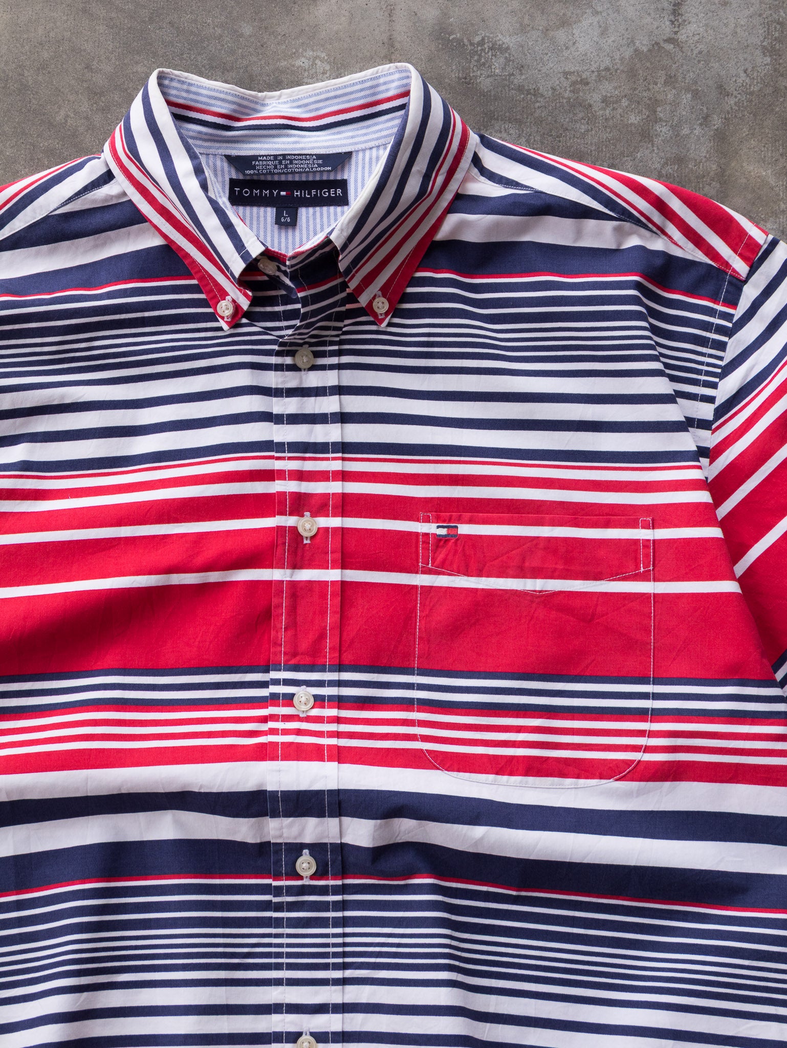 Vintage 00s Red & Navy Tommy Hilfiger Striped Short Sleeve Shirt (L)