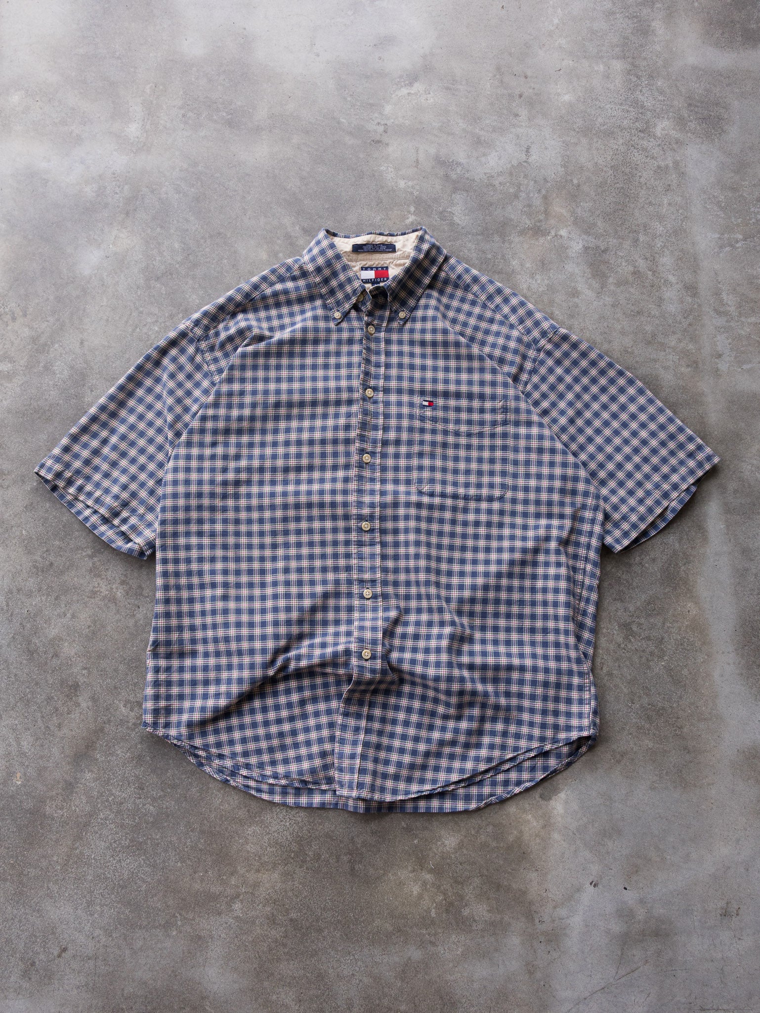 Vintage 00s Navy Tommy Hilfiger Plaid Short Sleeve Shirt (L)