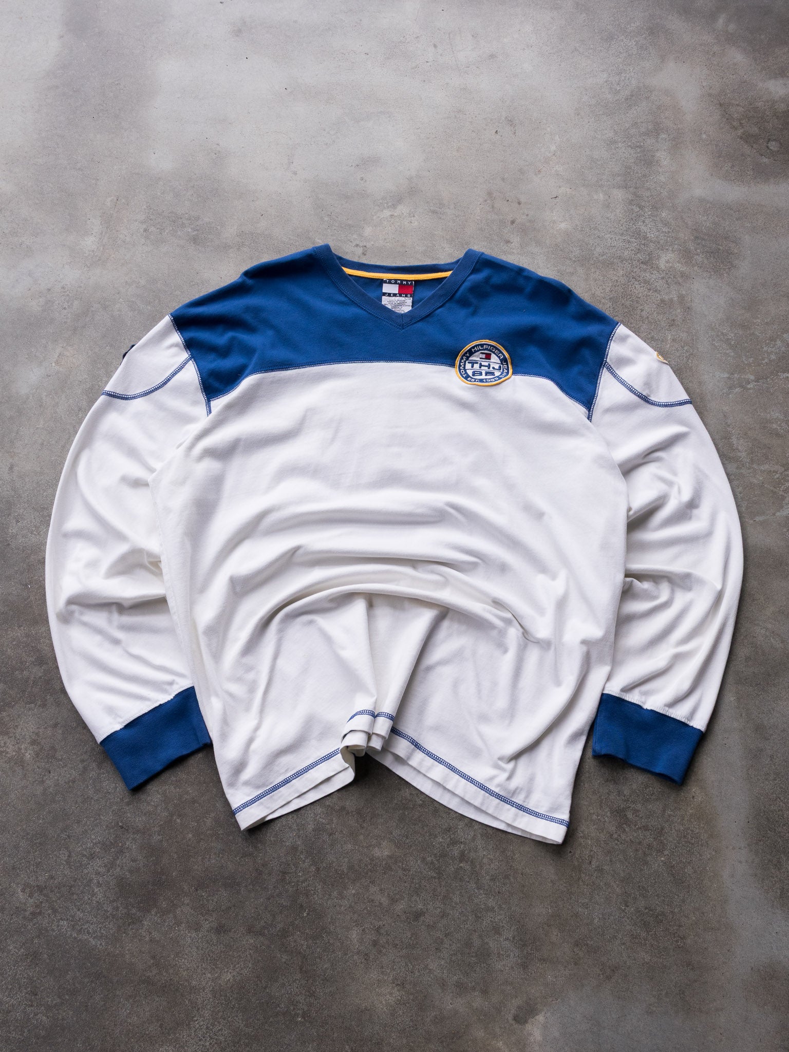Vintage White & Blue Tommy Jeans 85 Spell Out Long Sleeve (XL)