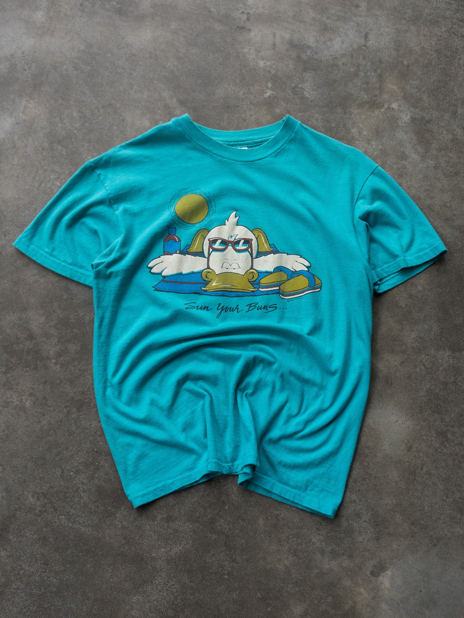 Vintage 1985 Turquoise Sun Your Buns Graphic Tee (M)