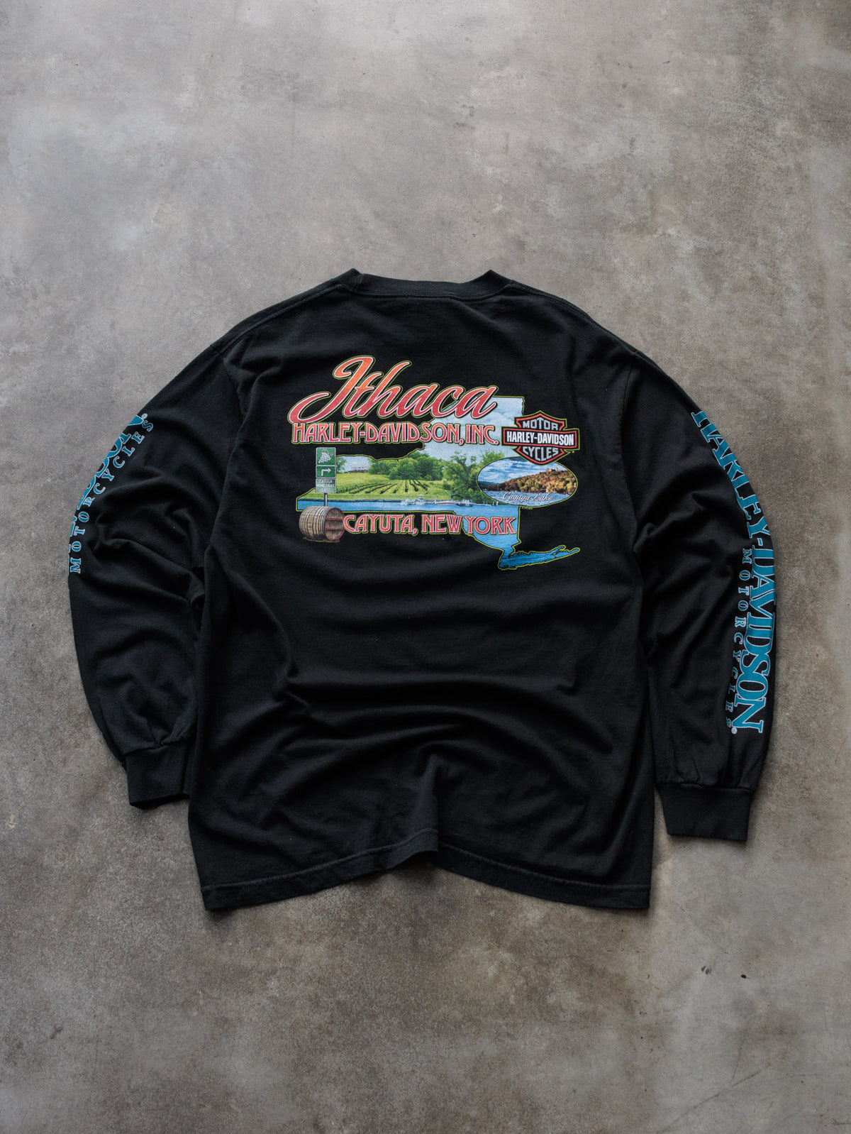 Vintage 2012 Black Harley-Davidson Ithaca Cayuta New York Long Sleeve Tee (L)