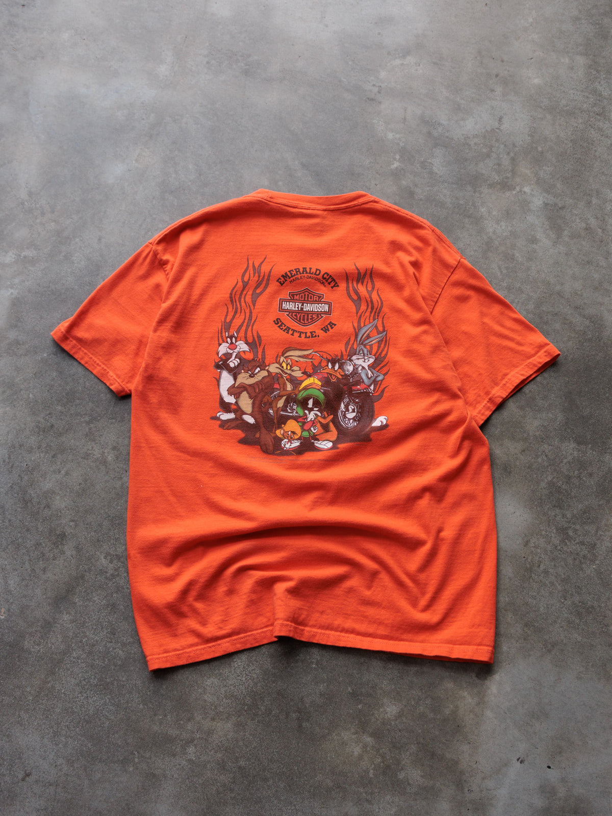 Vintage 2010 Orange Harley-Davidson Seattle Washington Looney Tunes Tee (L)