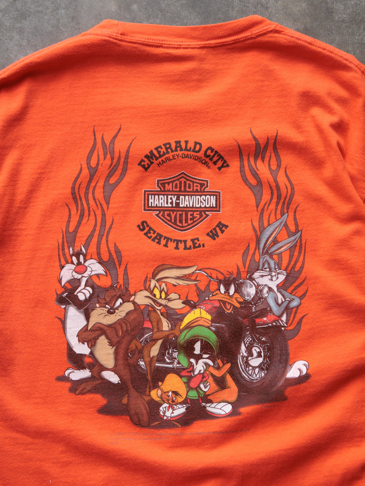 Vintage 2010 Orange Harley-Davidson Seattle Washington Looney Tunes Tee (L)