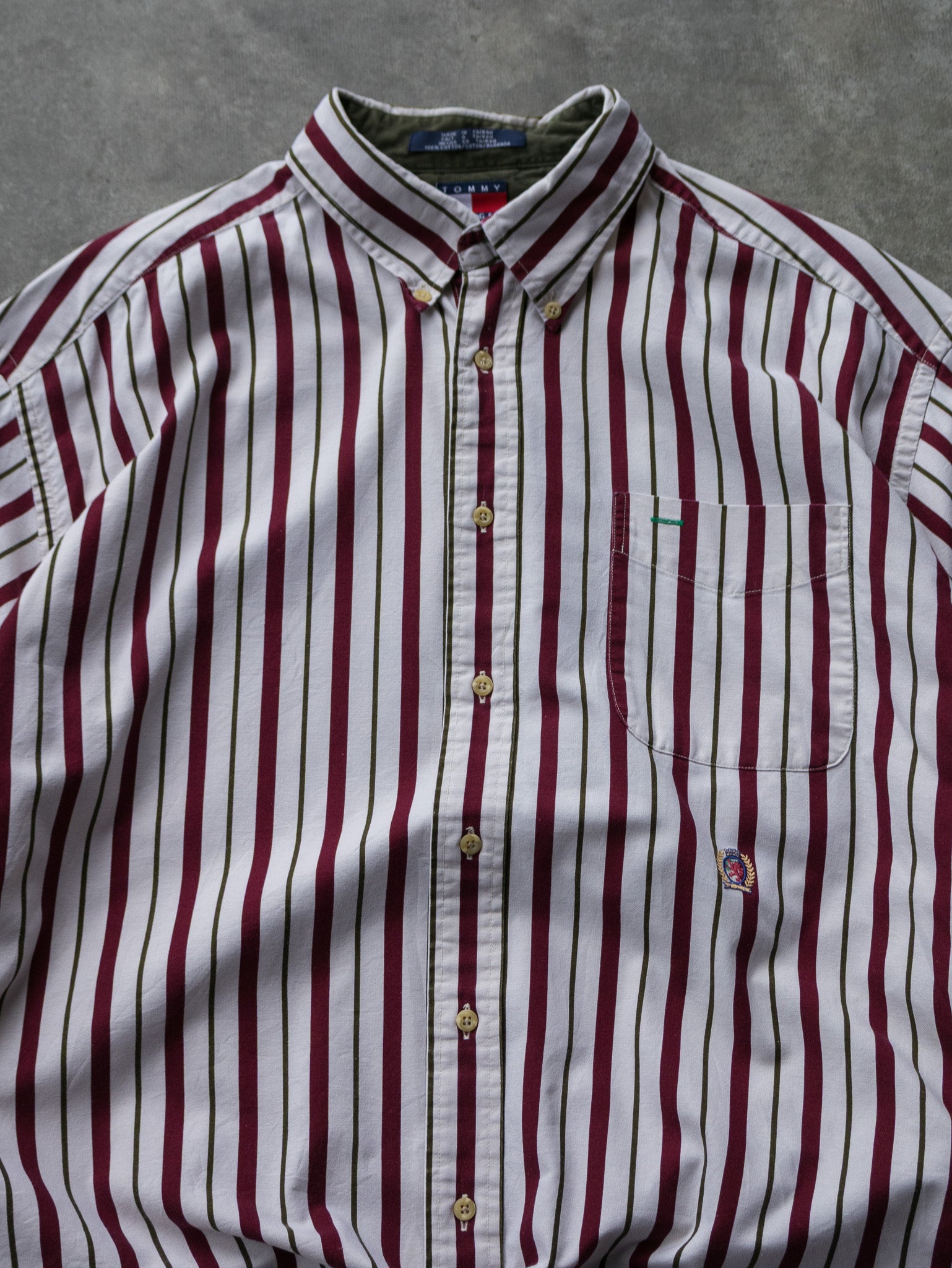 Vintage White & Burgundy Striped Tommy Hilfiger Shirt (XL)