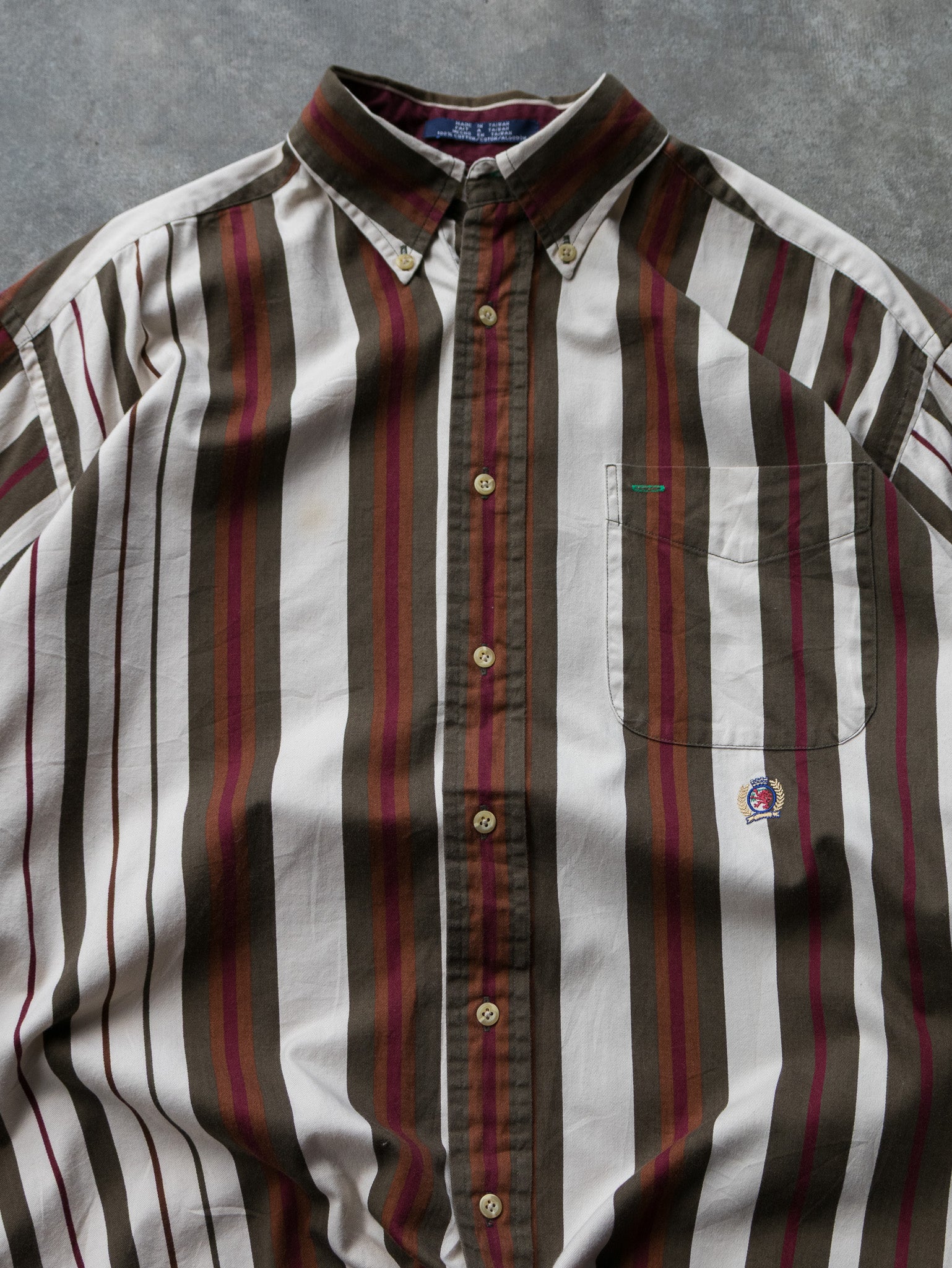 Vintage Cream & Burgundy Striped Tommy Hilfiger Shirt (L)