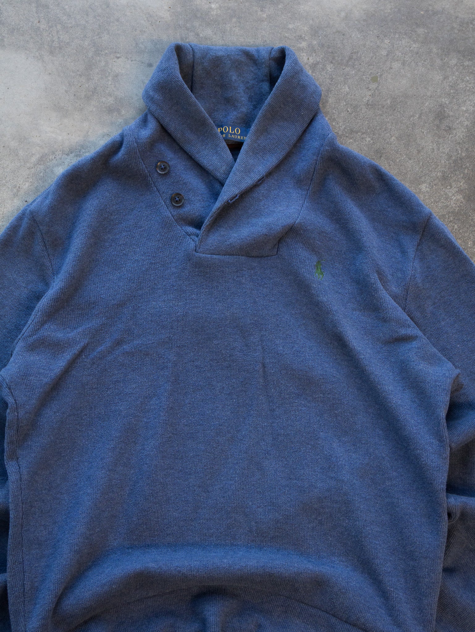 Vintage Blue Polo Ralph Lauren Shawl Neck Knit (XS)