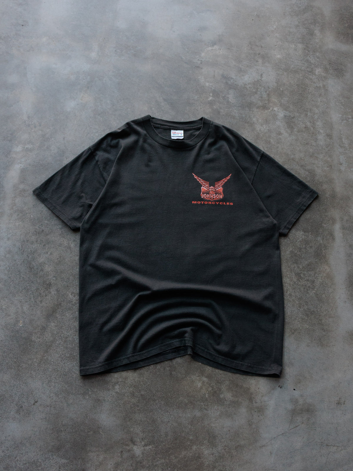 Vintage 1998 Black Big Johnson Motorcycles Slogan Tee (XL)