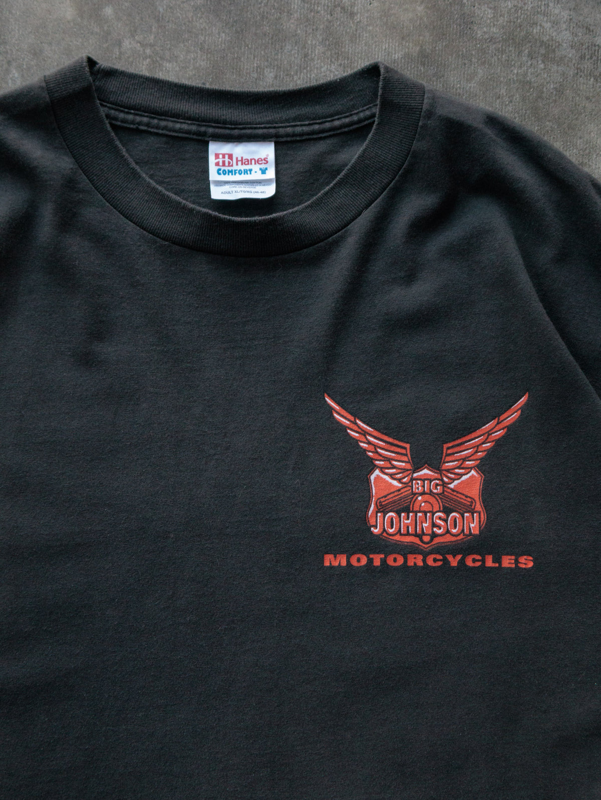 Vintage 1998 Black Big Johnson Motorcycles Slogan Tee (XL)
