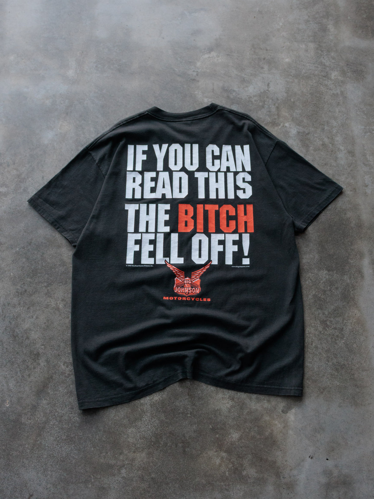 Vintage 1998 Black Big Johnson Motorcycles Slogan Tee (XL)