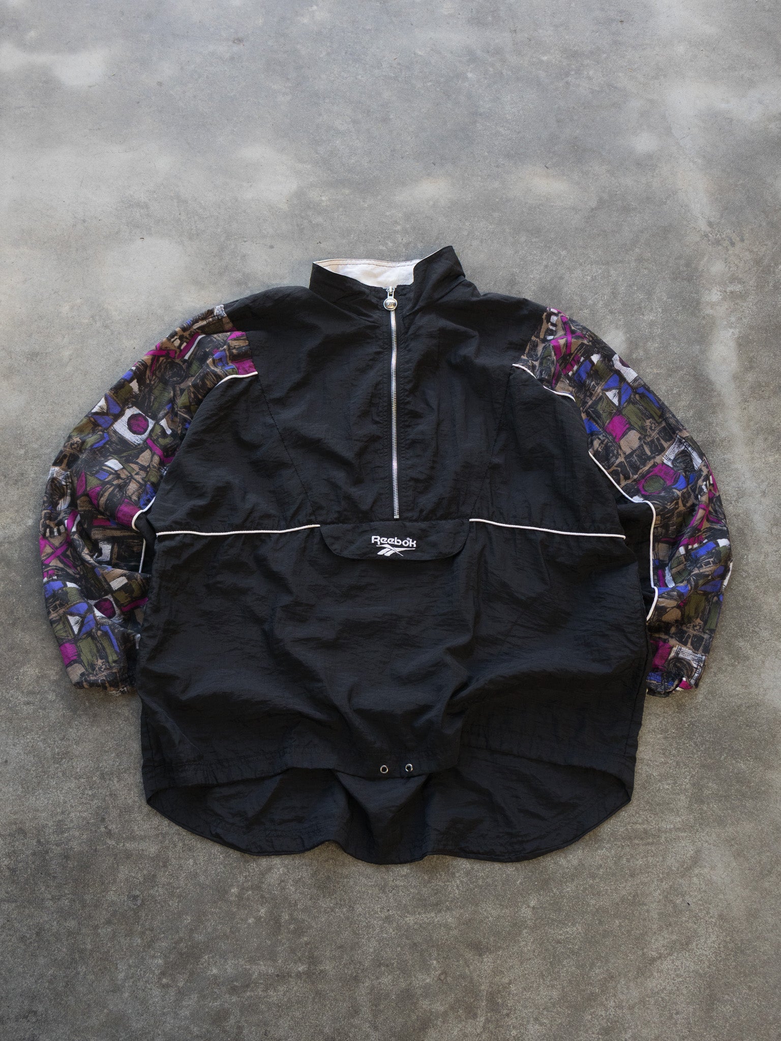 Vintage Black Reebok Pattern Sleeve Half Zip Jacket (L)