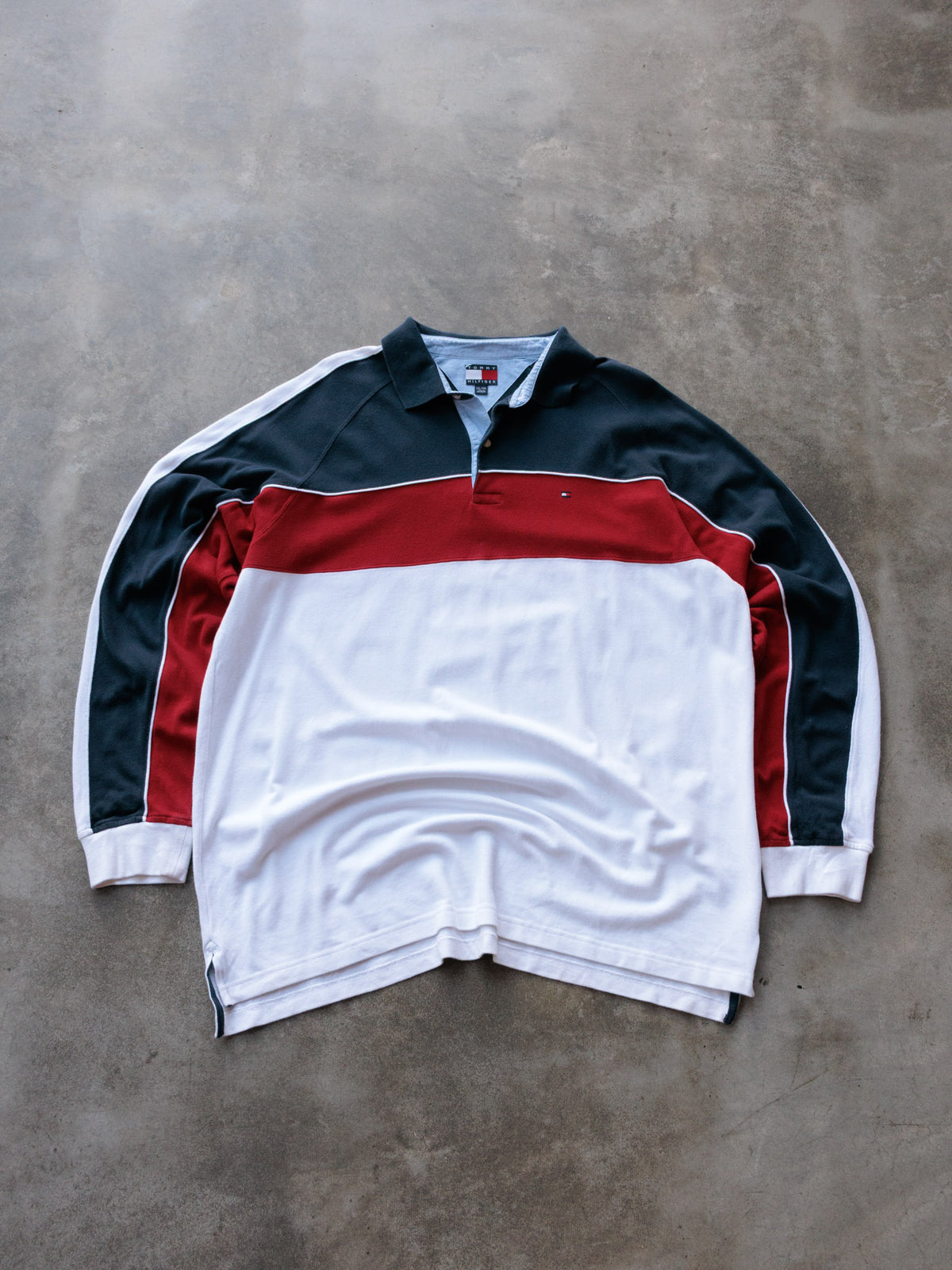 Vintage 90s White Tommy Hilfiger Colourblock Long Sleeve Polo Shirt (2XL)
