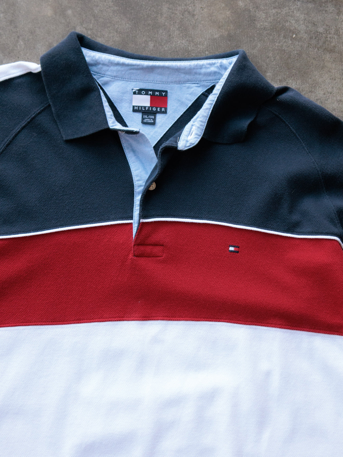 Vintage 90s White Tommy Hilfiger Colourblock Long Sleeve Polo Shirt (2XL)