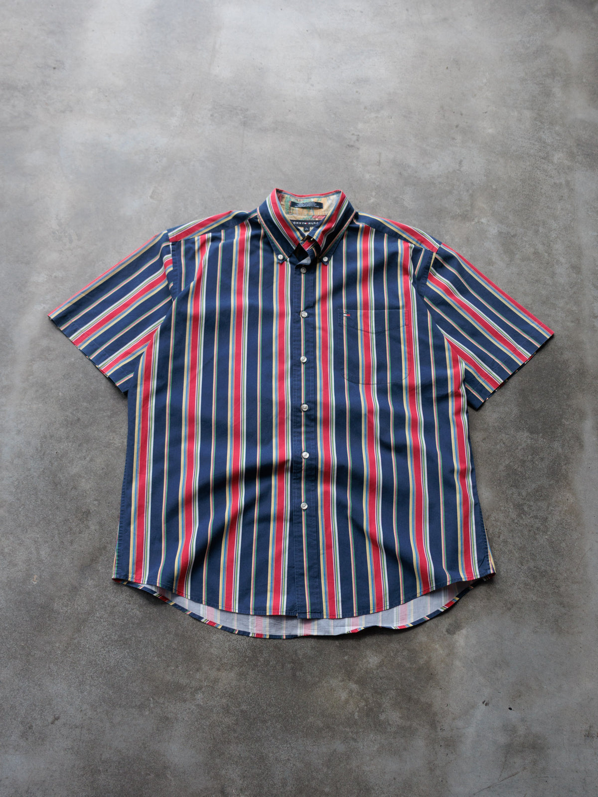Vintage 00s Navy Striped Tommy Hilfiger Short Sleeve Shirt (L)