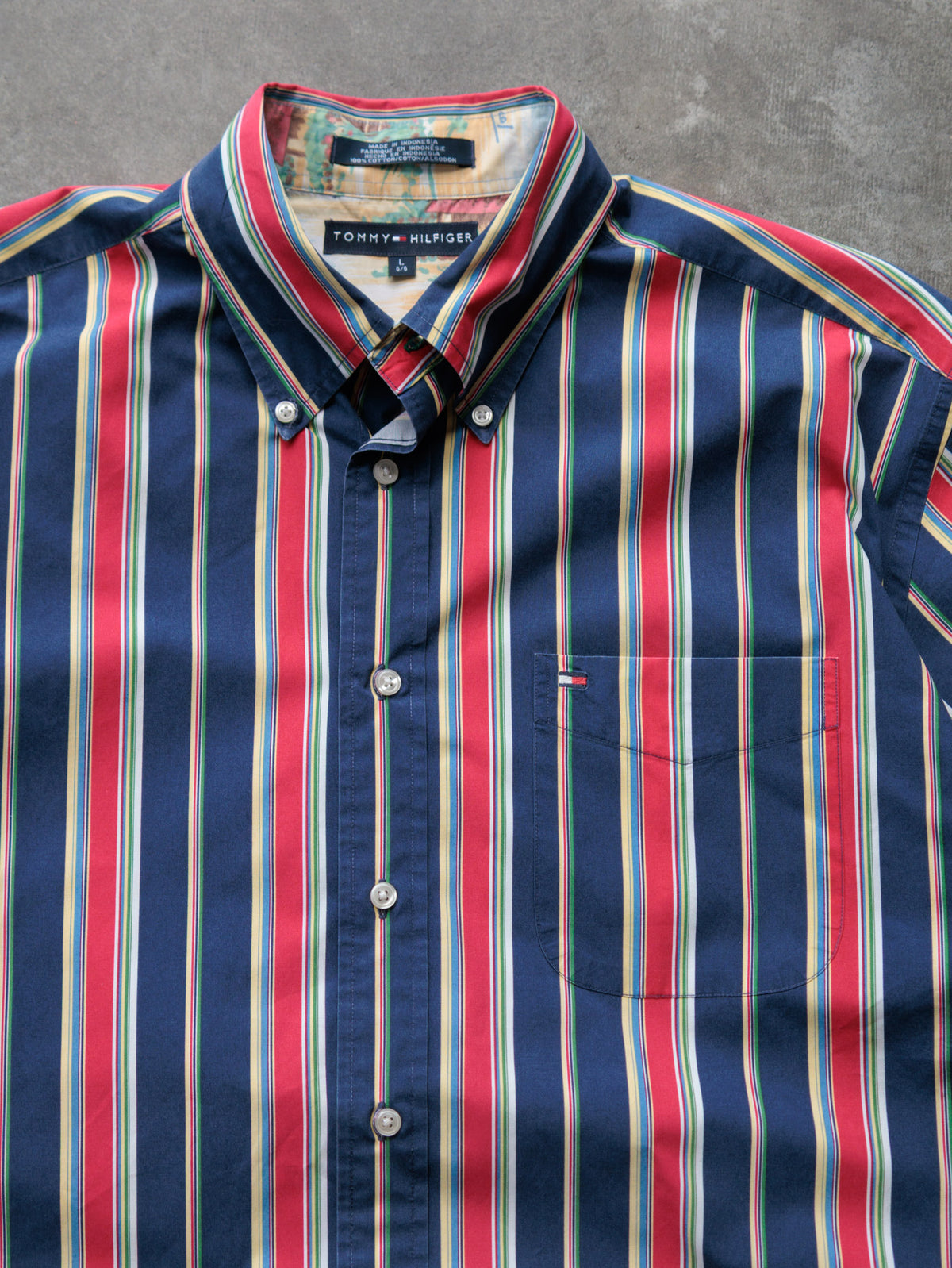 Vintage 00s Navy Striped Tommy Hilfiger Short Sleeve Shirt (L)
