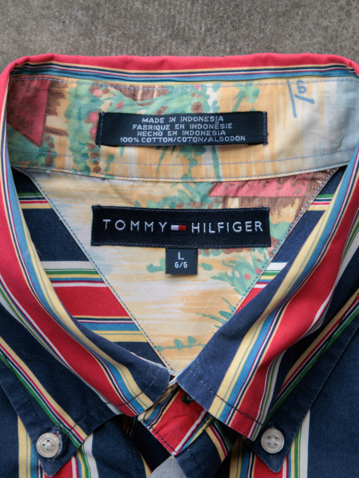 Vintage 00s Navy Striped Tommy Hilfiger Short Sleeve Shirt (L)
