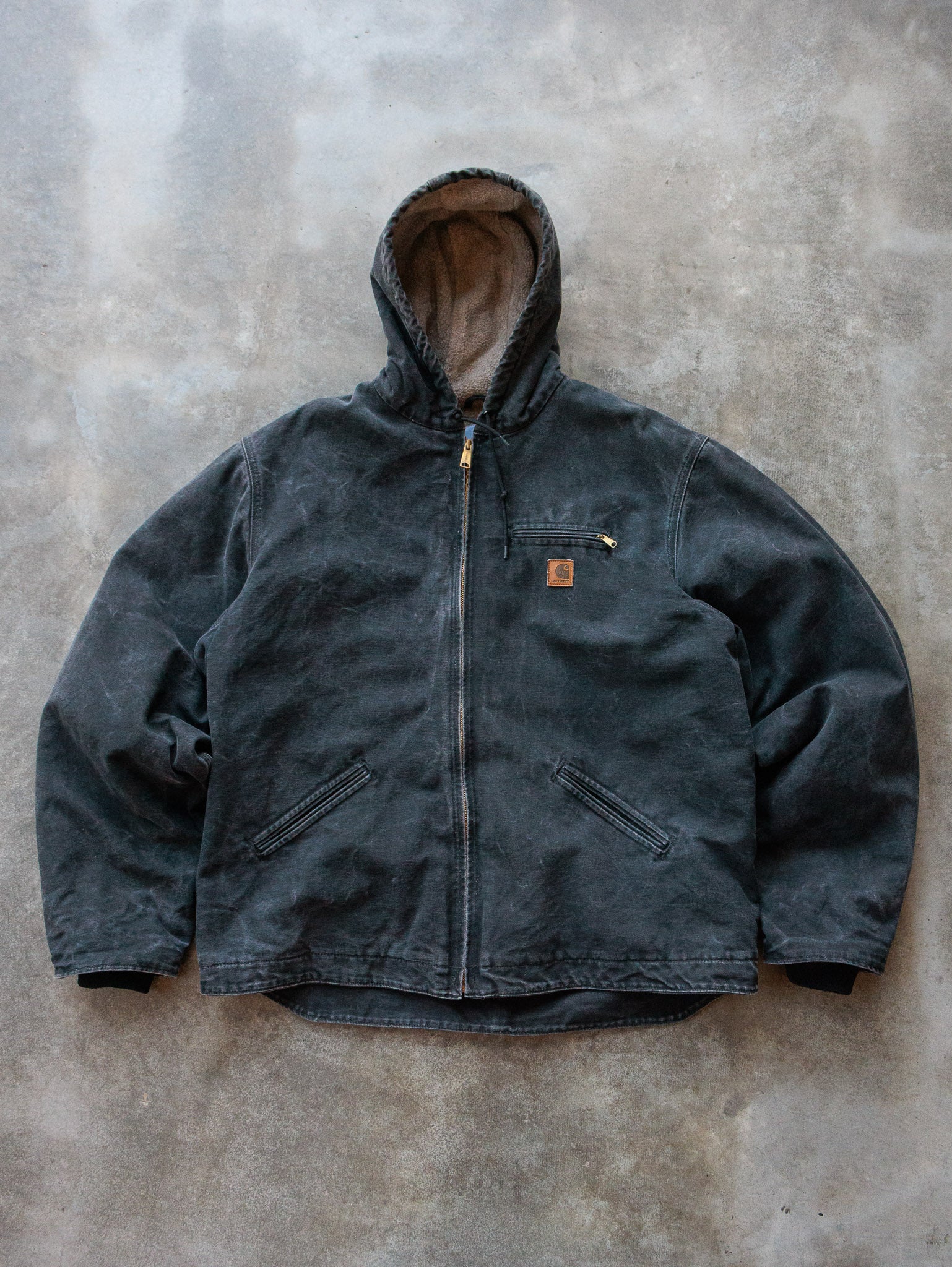 Vintage 00s Black Carhartt Sherpa Lined Sandstone Hooded Jacket (2XL)