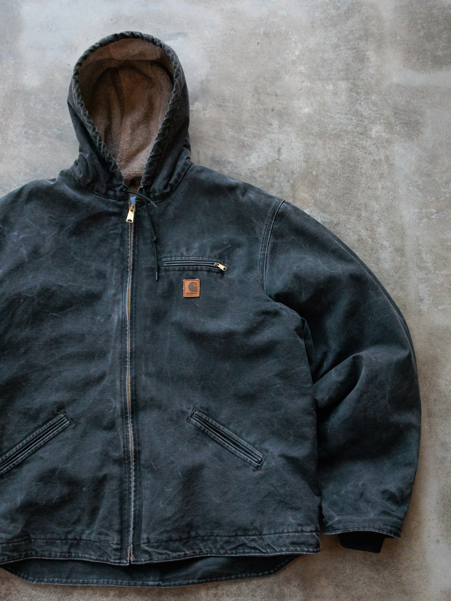 Vintage 00s Black Carhartt Sherpa Lined Sandstone Hooded Jacket (2XL)