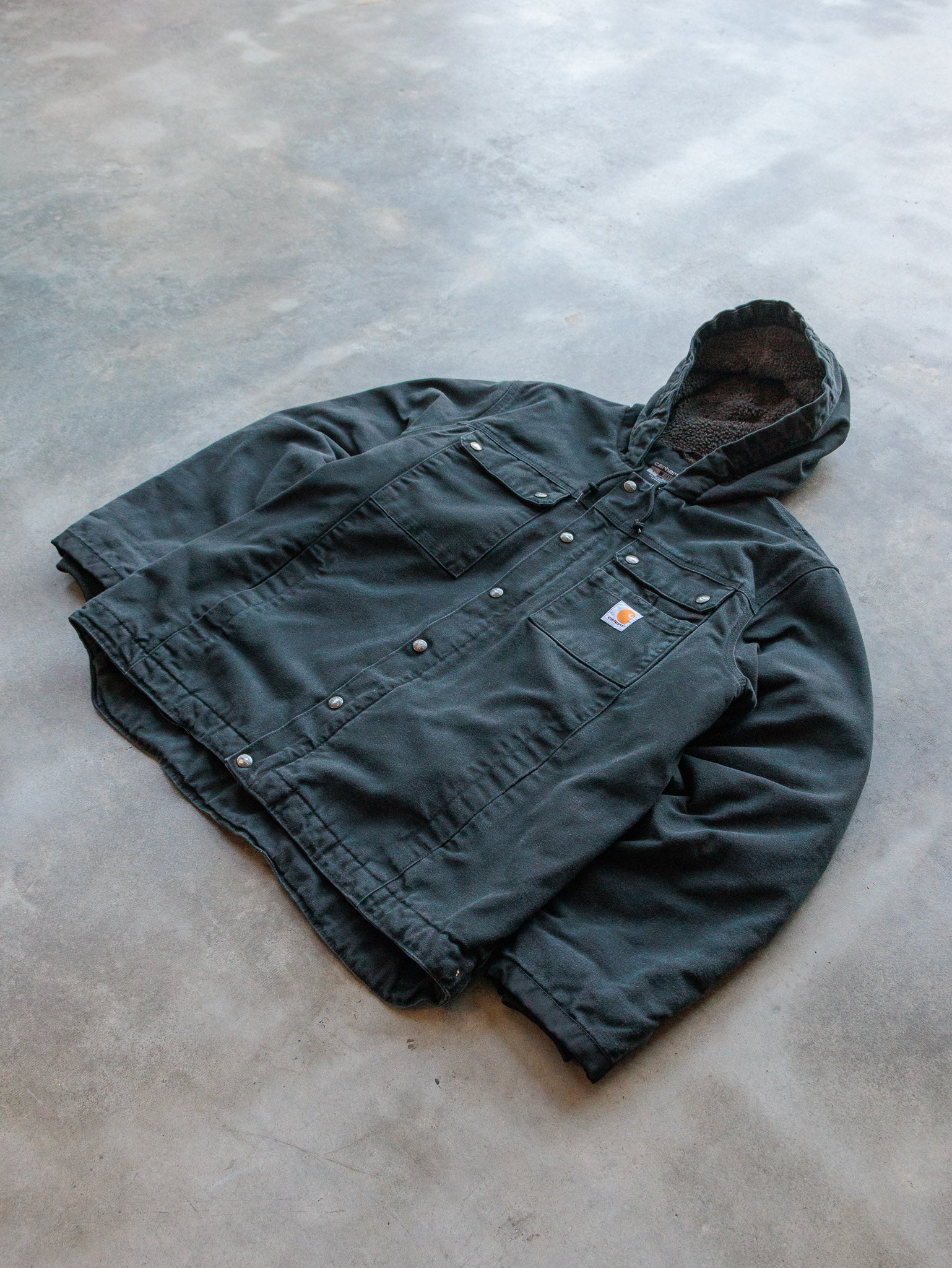 Vintage Black Carhartt Sherpa Lined Hooded Shirt Jacket (L)