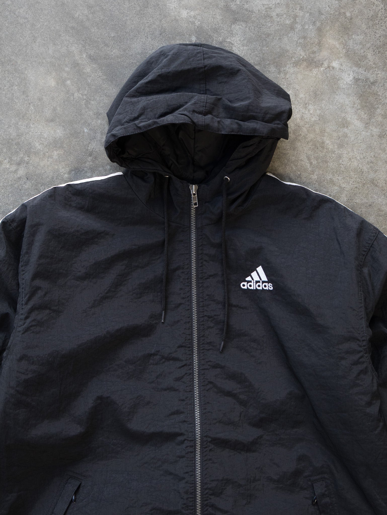 Vintage Black Adidas 3-Stripe Hooded Jacket (XL)