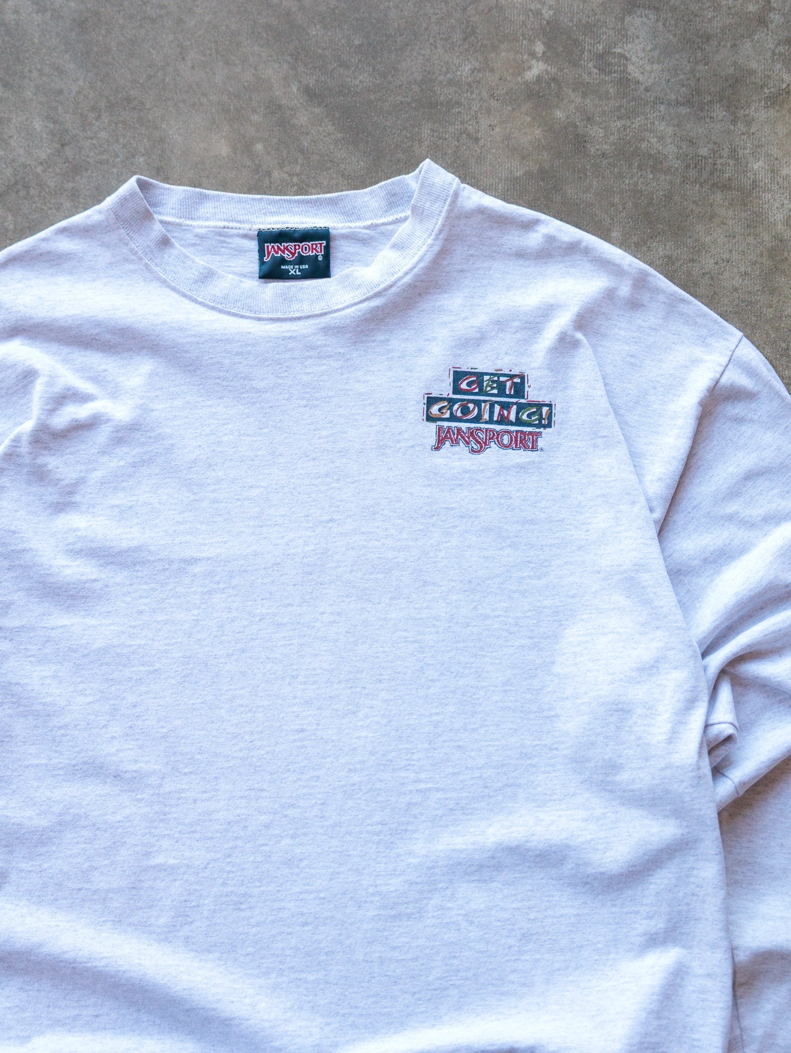 Vintage 90s Light Grey Jansport Get Going Graphic Tee (XL)