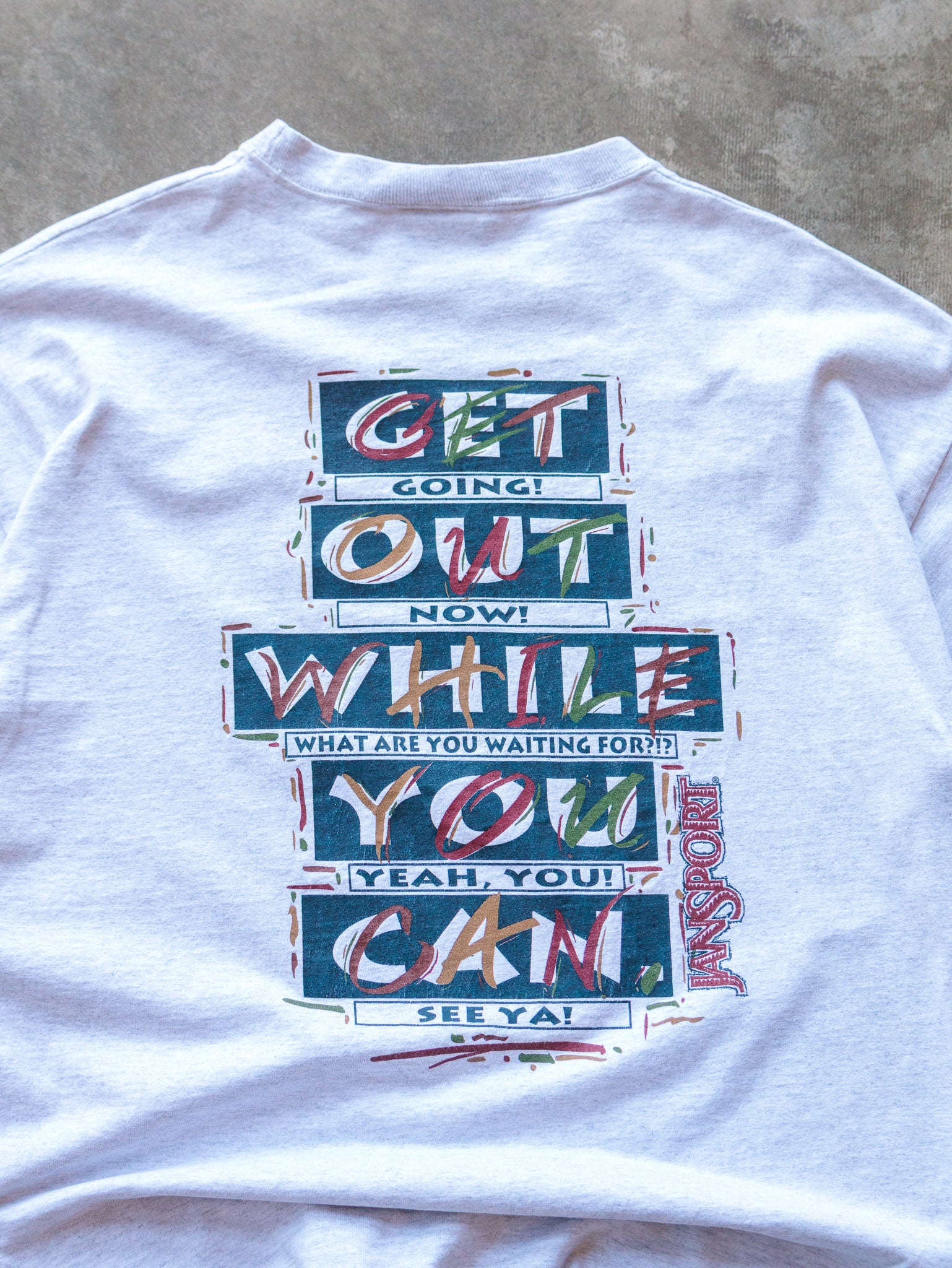 Vintage 90s Light Grey Jansport Get Going Graphic Tee (XL)