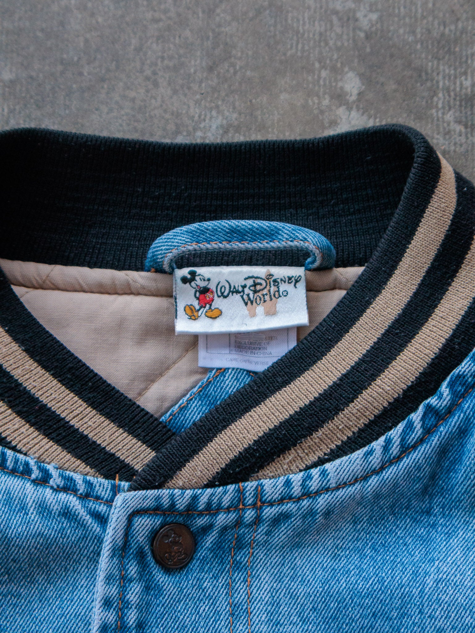 Vintage 00s Denim & Beige Walt Disney World Mickey Mouse Varsity Jacket (2XL)