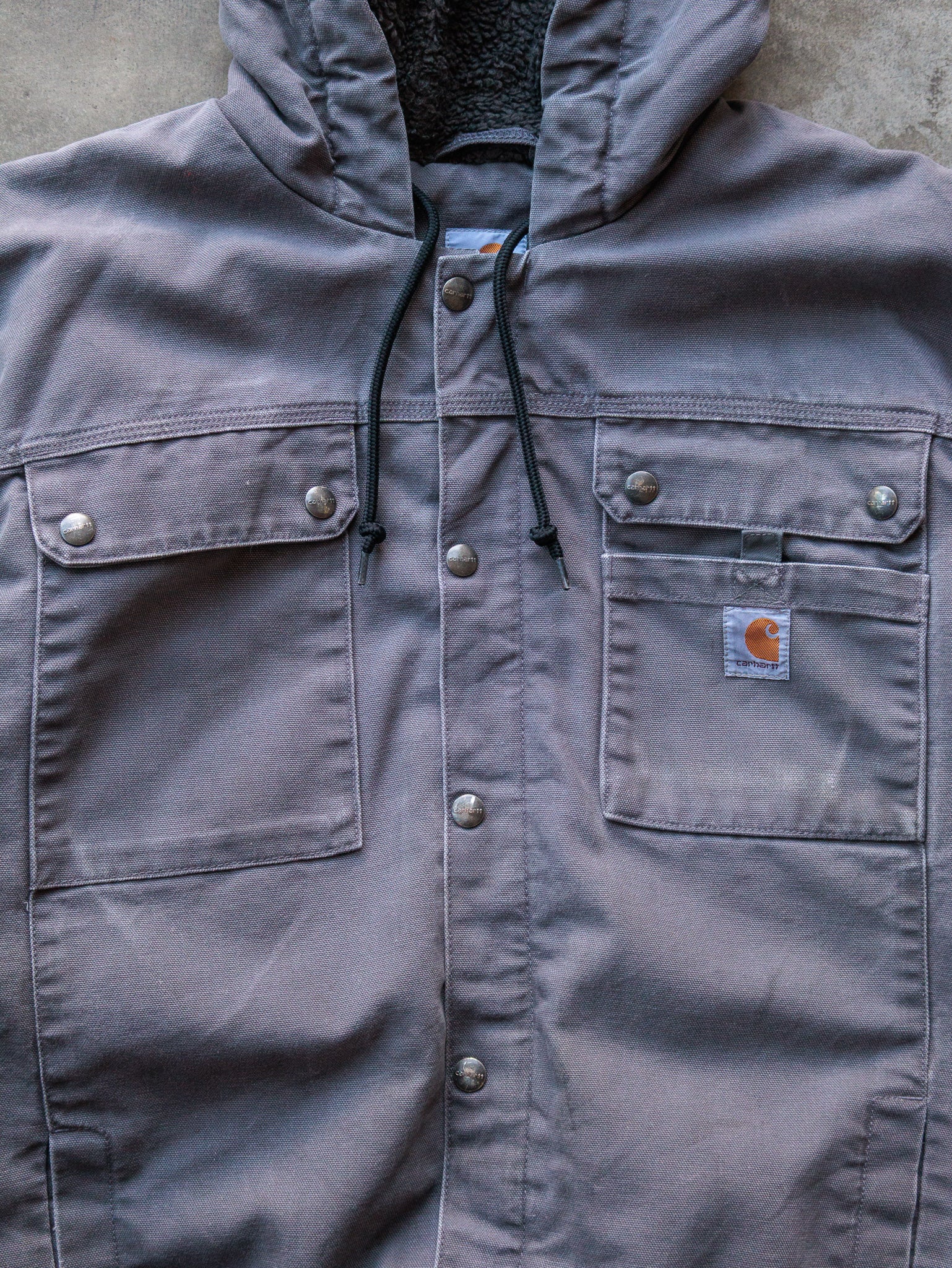 Vintage Grey Carhartt Sherpa Lined Hooded Jacket (XL)
