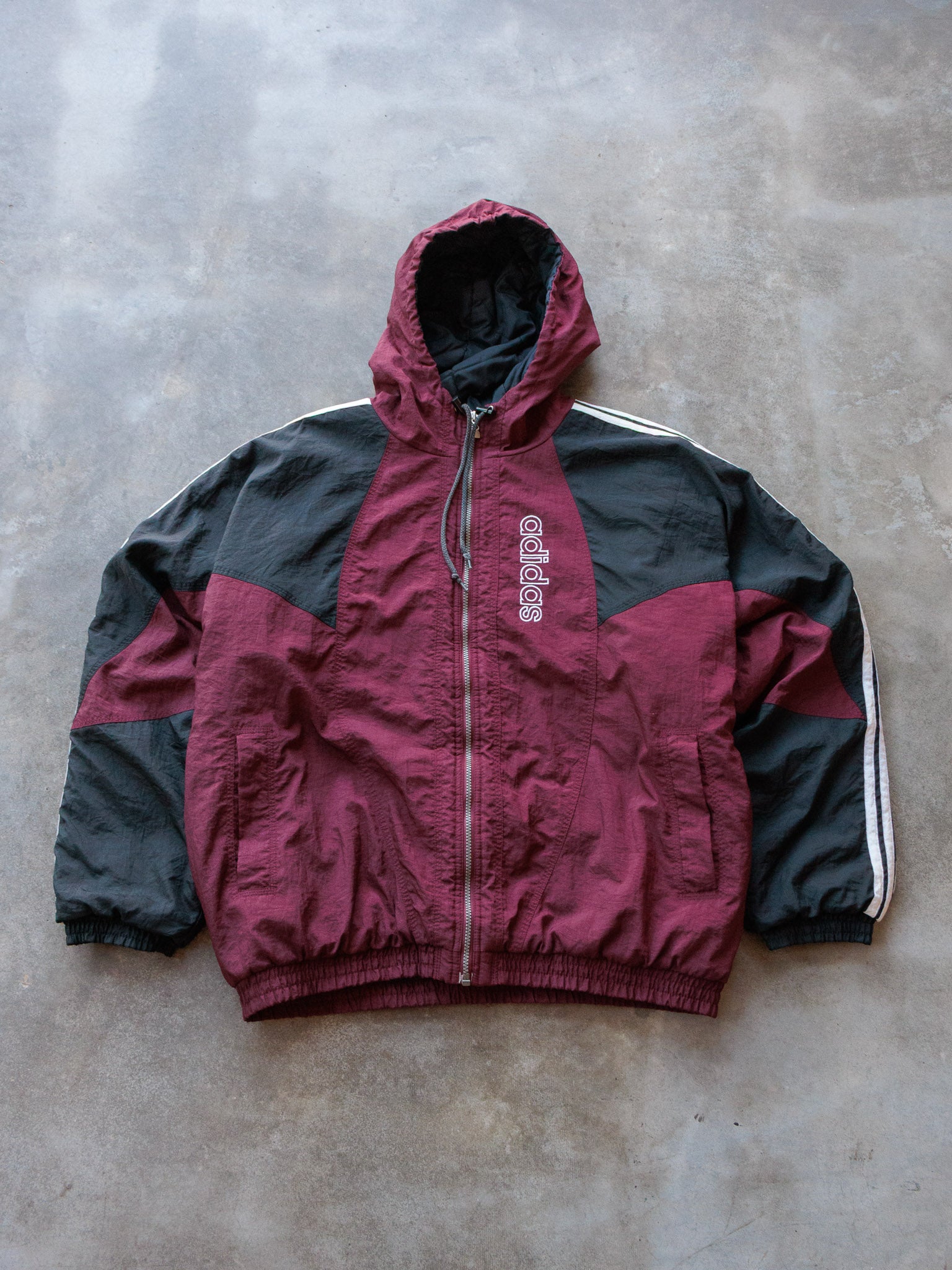 Vintage 90s Maroon & Black Adidas Hooded Jacket (XL)
