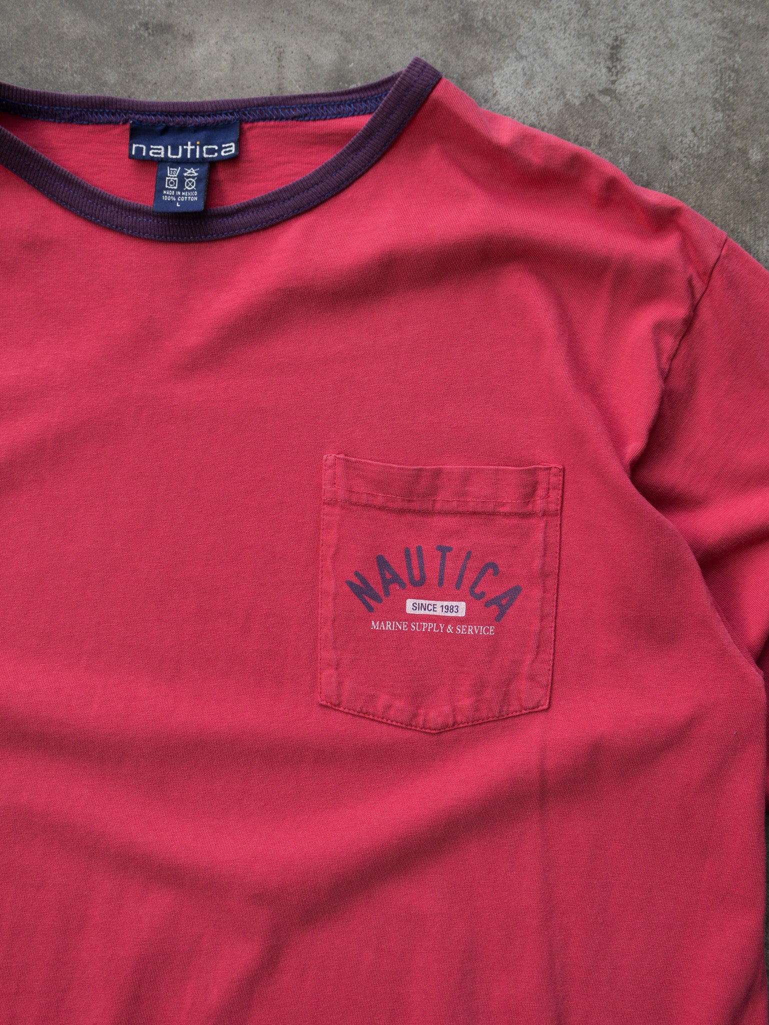 Vintage Peach Nautica Ringer Pocket Tee (L)
