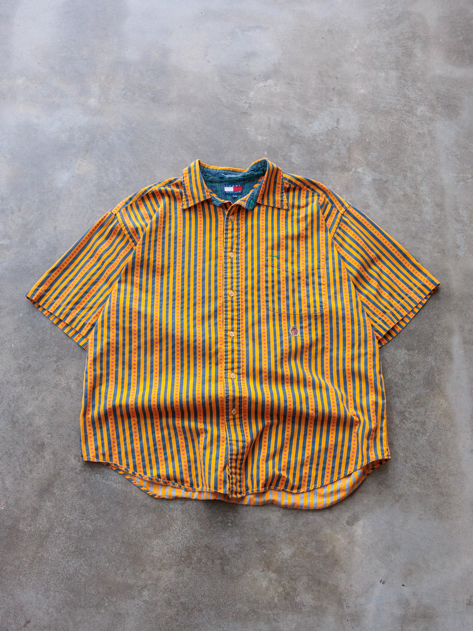 Vintage 90s Tommy Hilfiger Striped Star Pattern Short Sleeve Shirt (L)