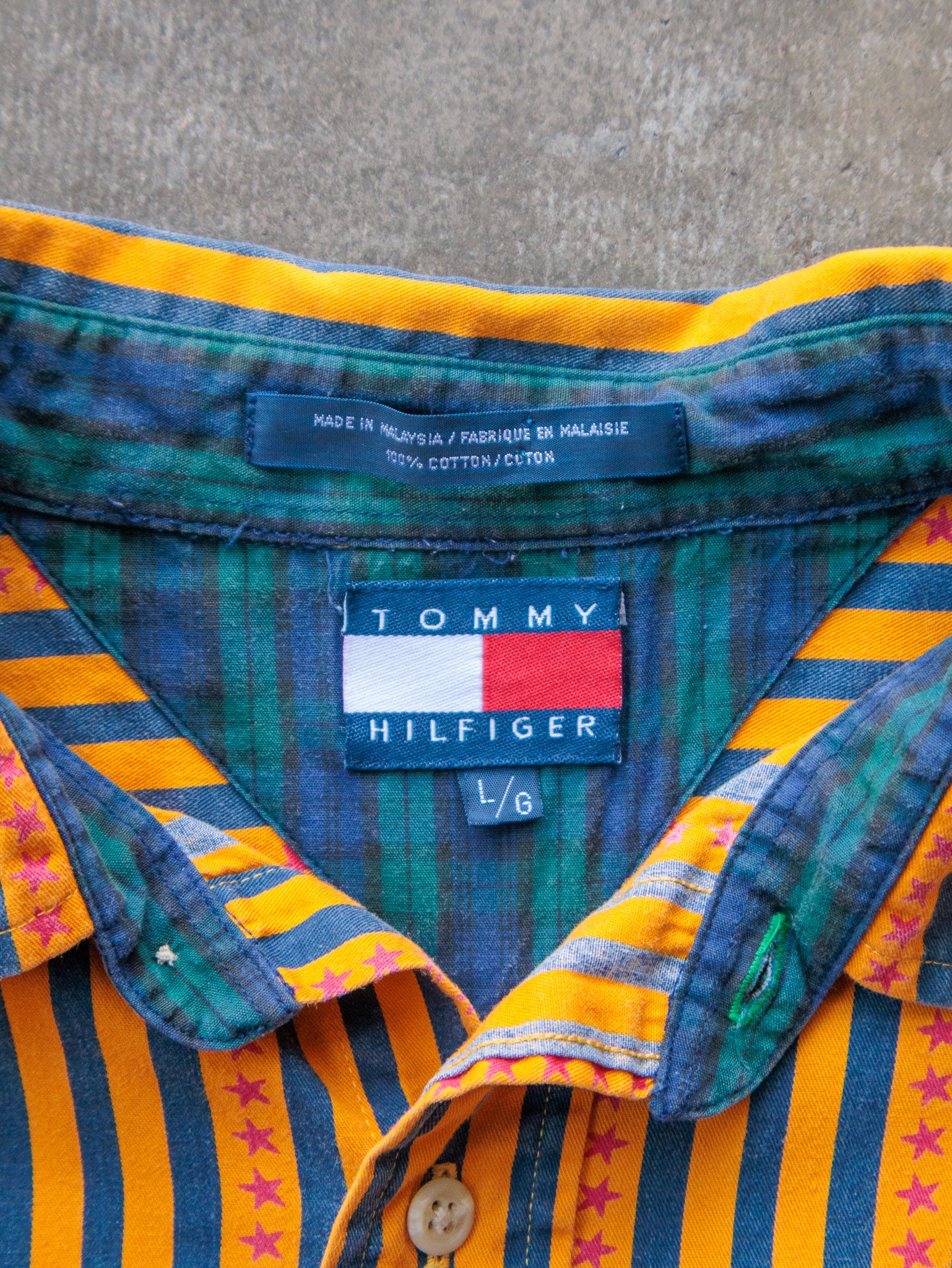 Vintage 90s Tommy Hilfiger Striped Star Pattern Short Sleeve Shirt (L)