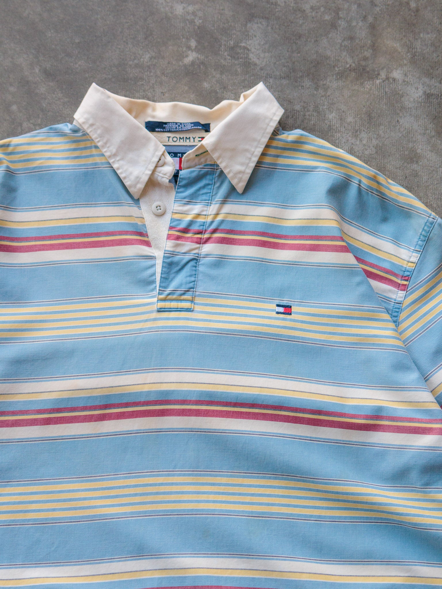 Vintage 90s Light Blue Tommy Hilfiger Striped Rugby Shirt (L)