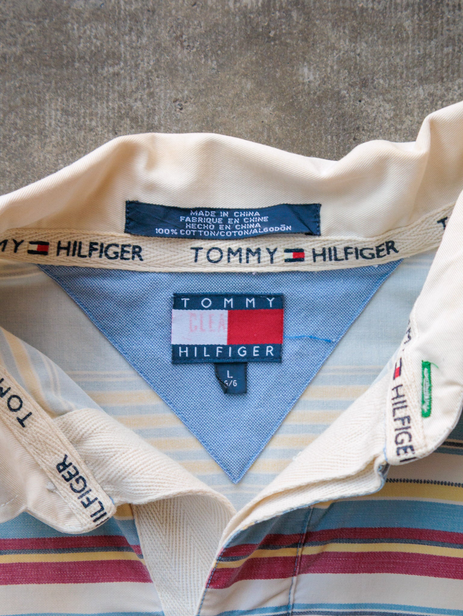 Vintage 90s Light Blue Tommy Hilfiger Striped Rugby Shirt (L)