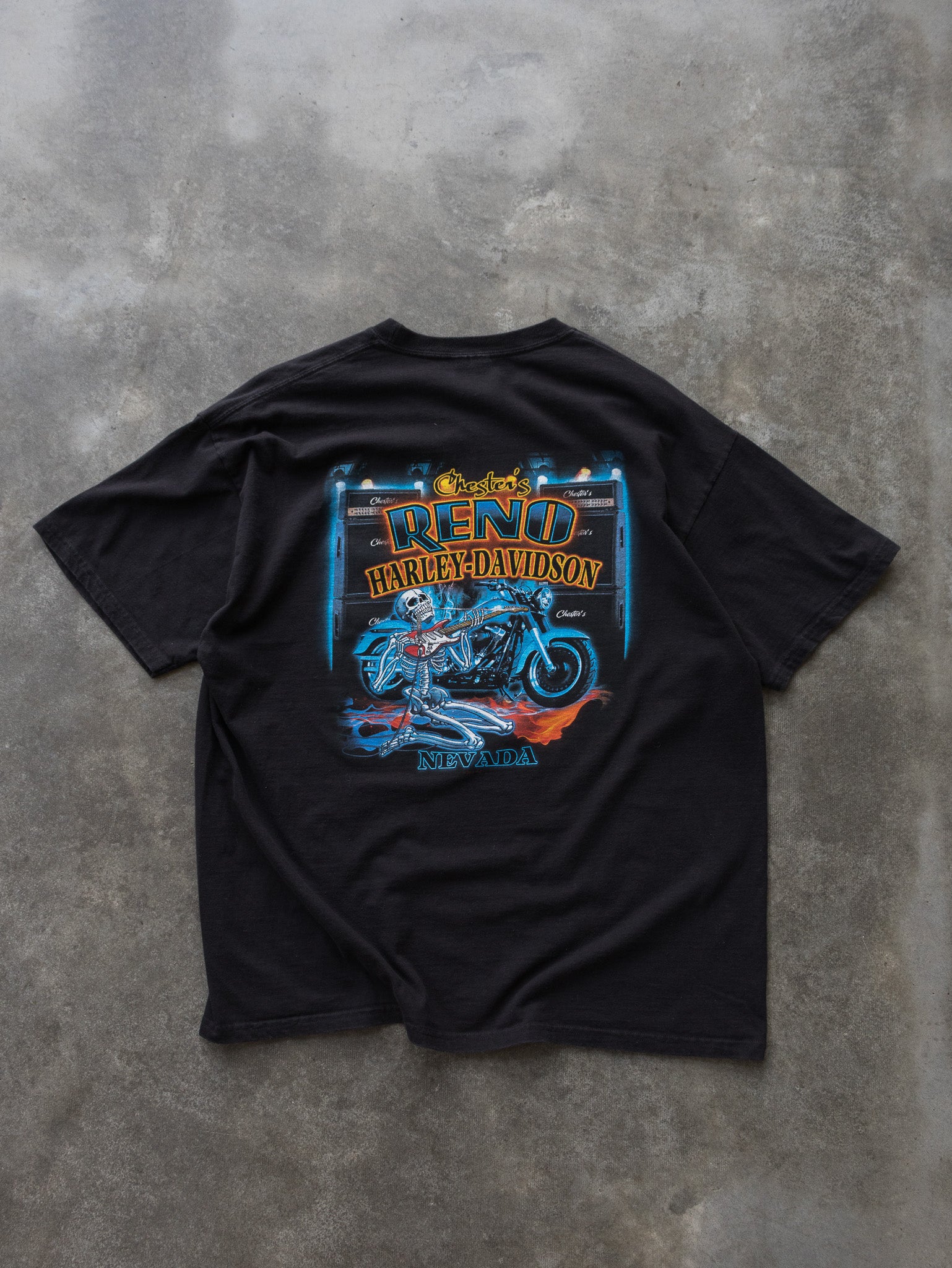 Vintage 2011 Black Chester's Reno Harley-Davidson Skeleton Tee (XL)