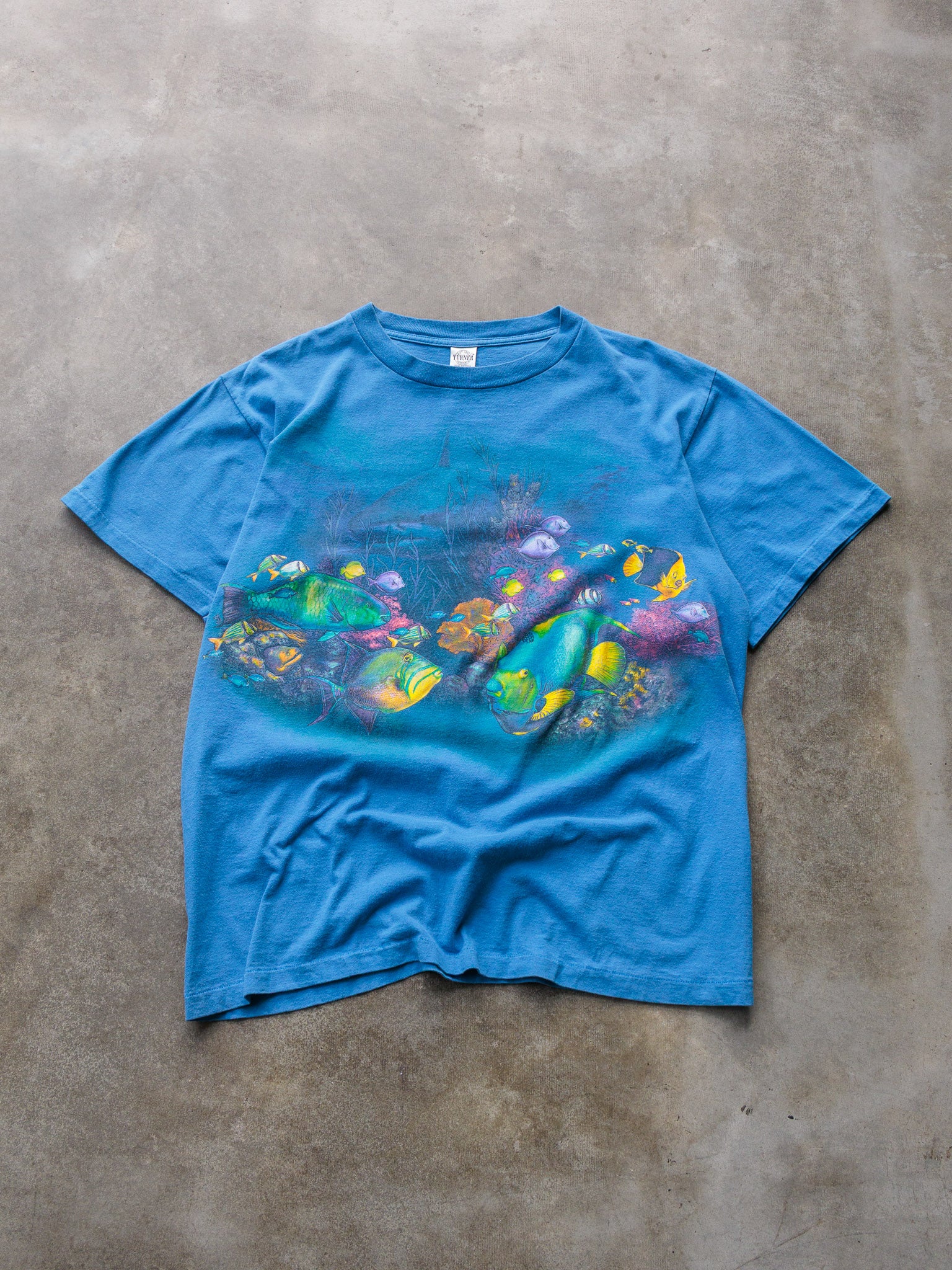 Vintage 90s Blue Tropical Fish Graphic Tee (L)