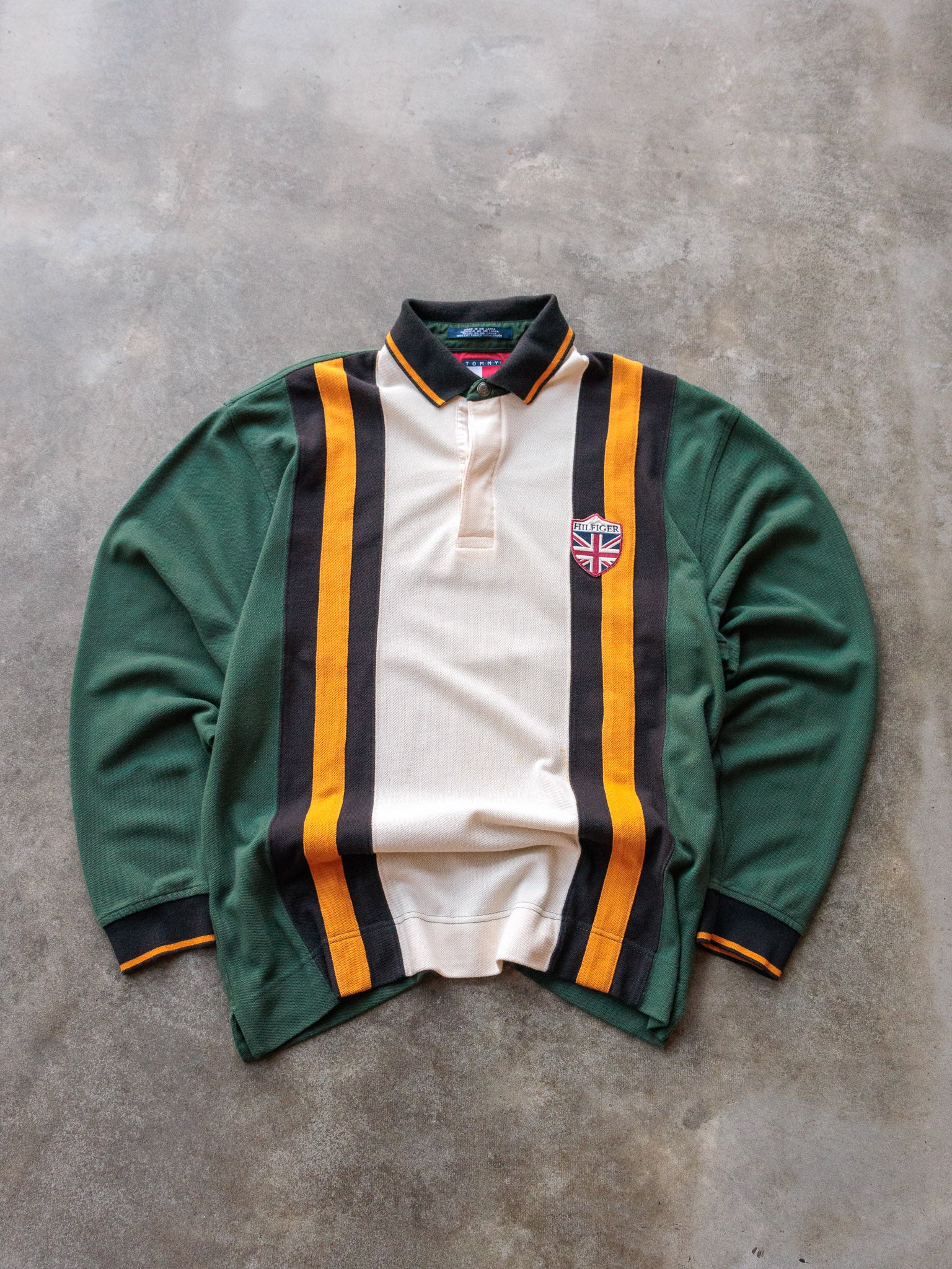 Vintage 90s Green Tommy Hilfiger Striped Long Sleeve Polo Shirt (L)