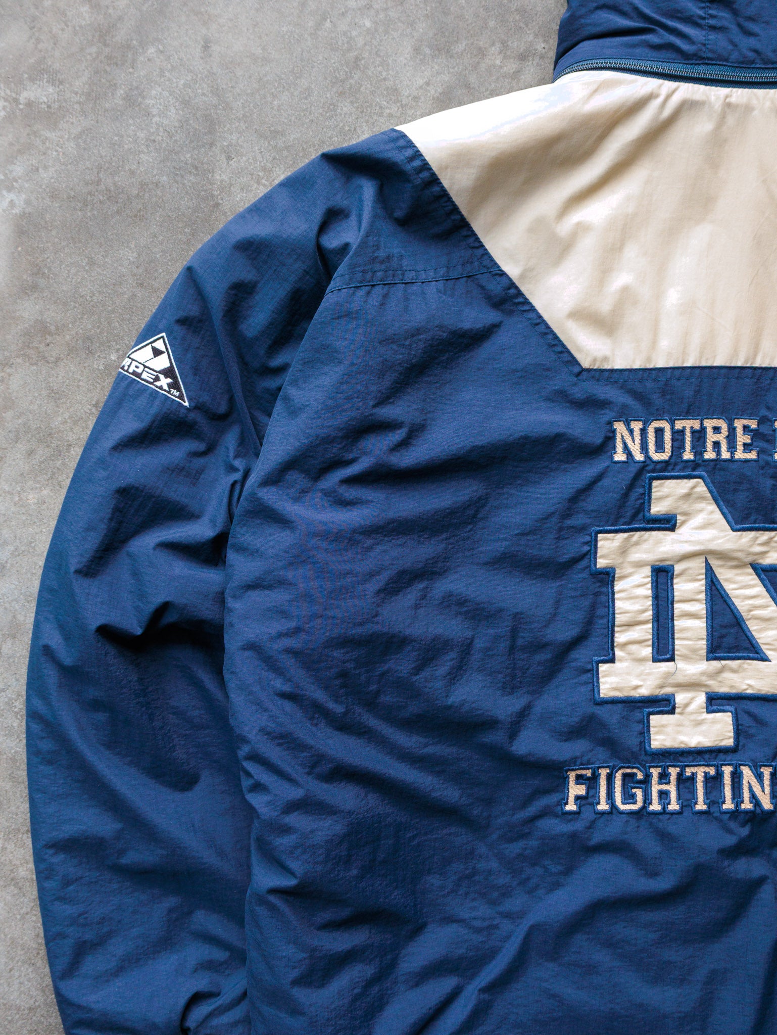 Vintage 90s Blue & Cream Apex One Notre Dame Fighting Irish Puffer Jacket (XL)