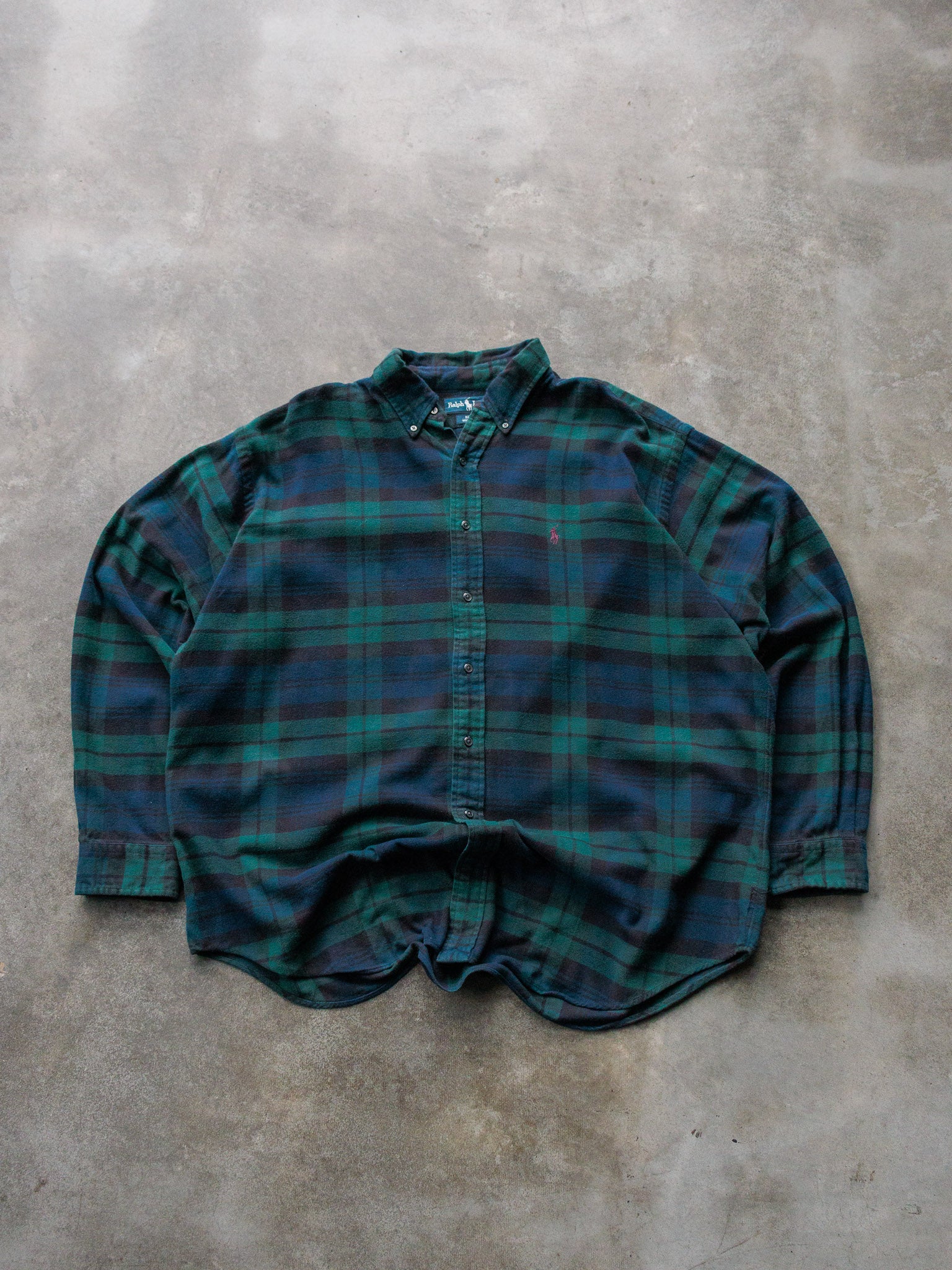 Vintage 90s Green & Navy Plaid Ralph Lauren Shirt (XL)