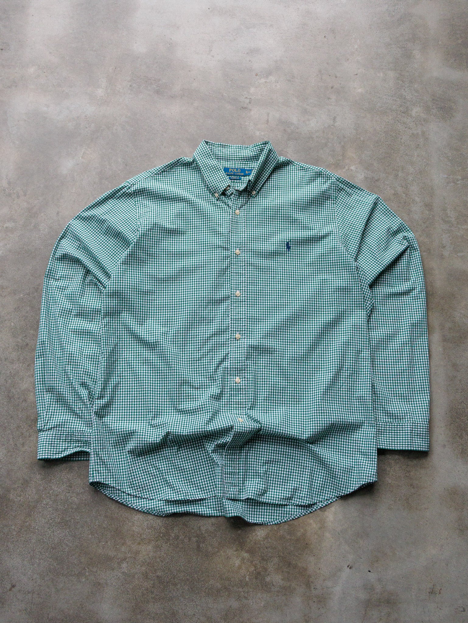 Vintage Green & White Gingham Polo Ralph Lauren Shirt (XL)