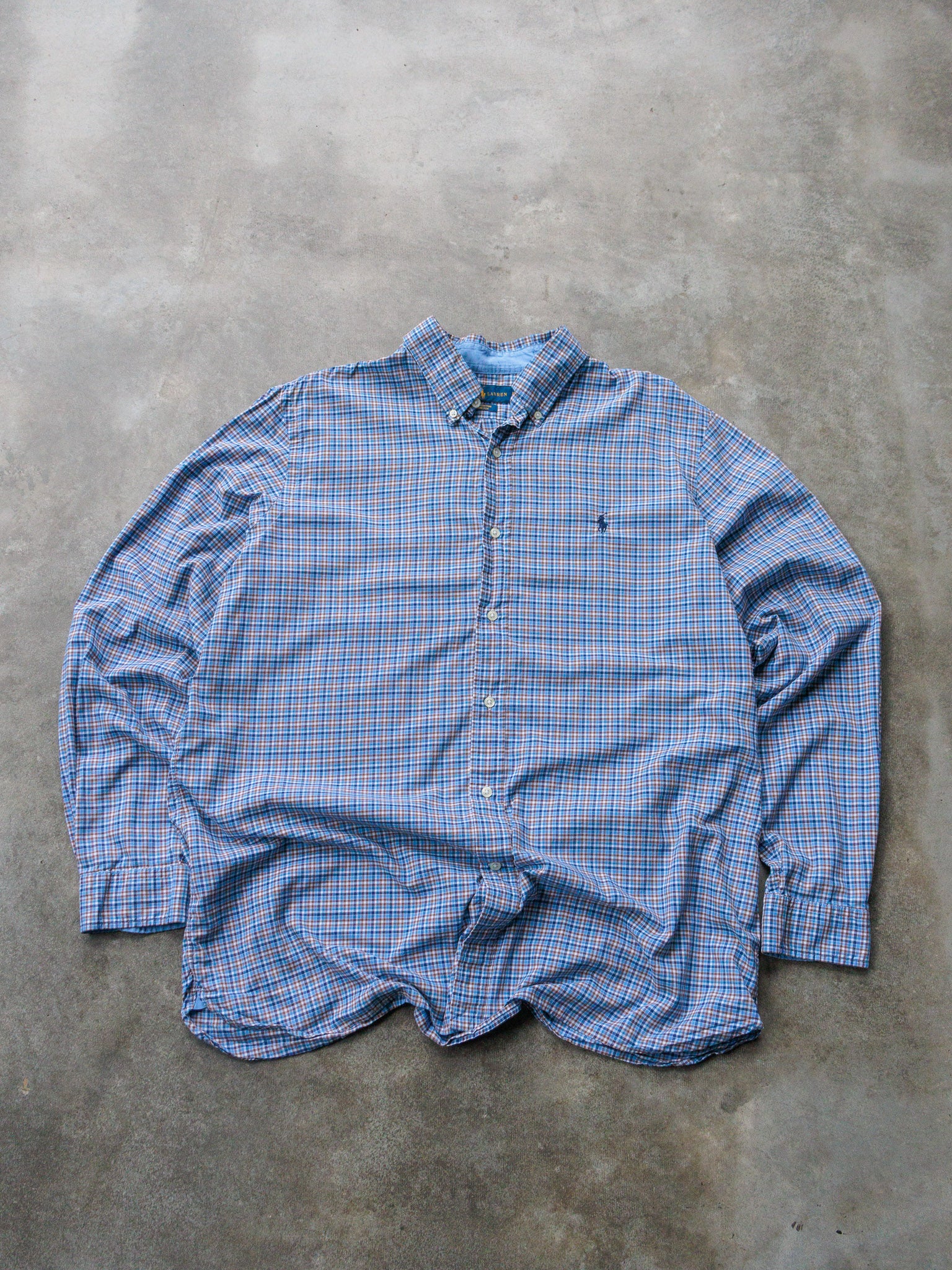 Vintage Blue & Brown Plaid Ralph Lauren Shirt (XL)