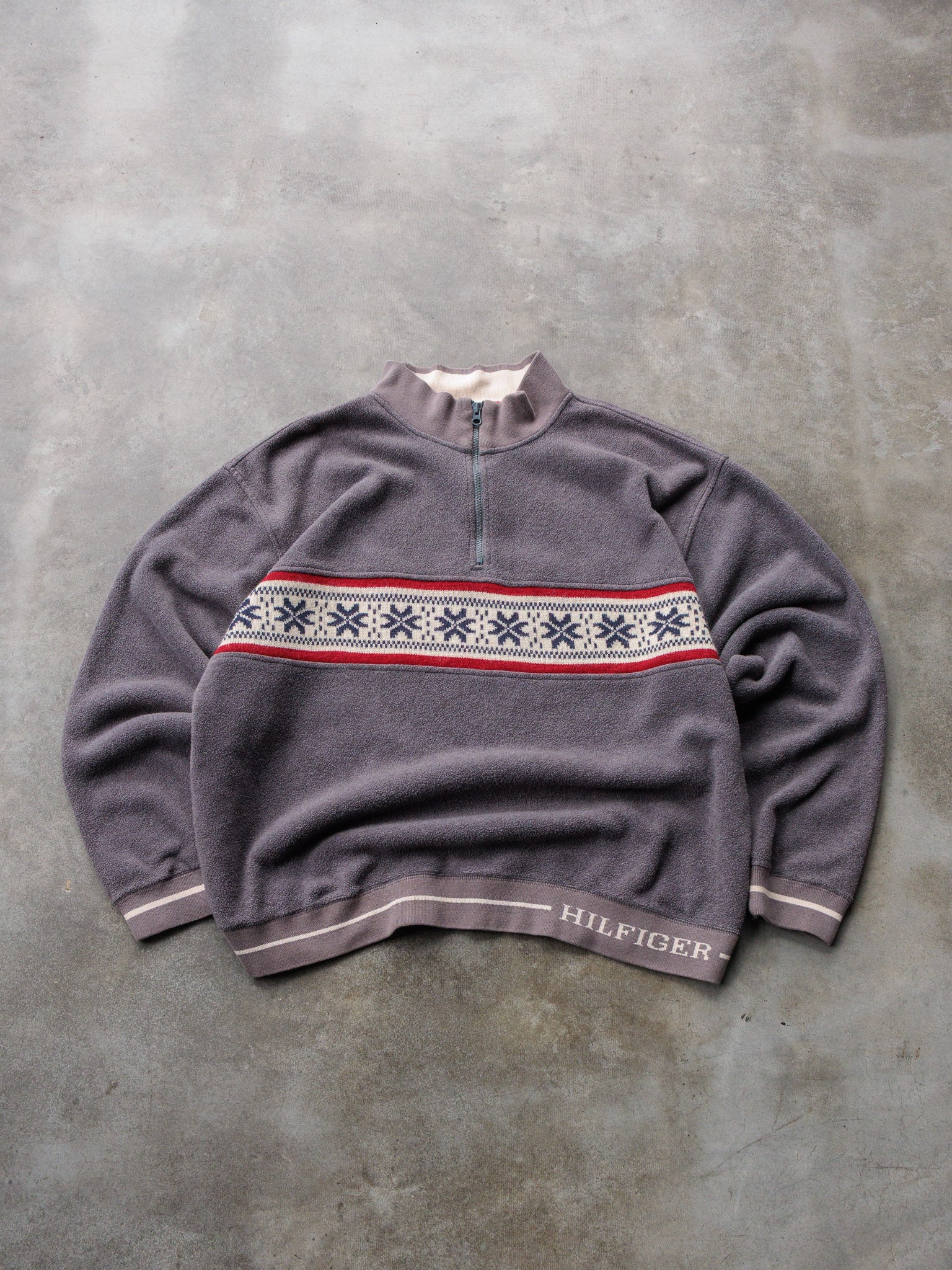 Vintage 90s Grey Tommy Hilfiger Nordic Quarter Zip Fleece Sweatshirt (2XL)