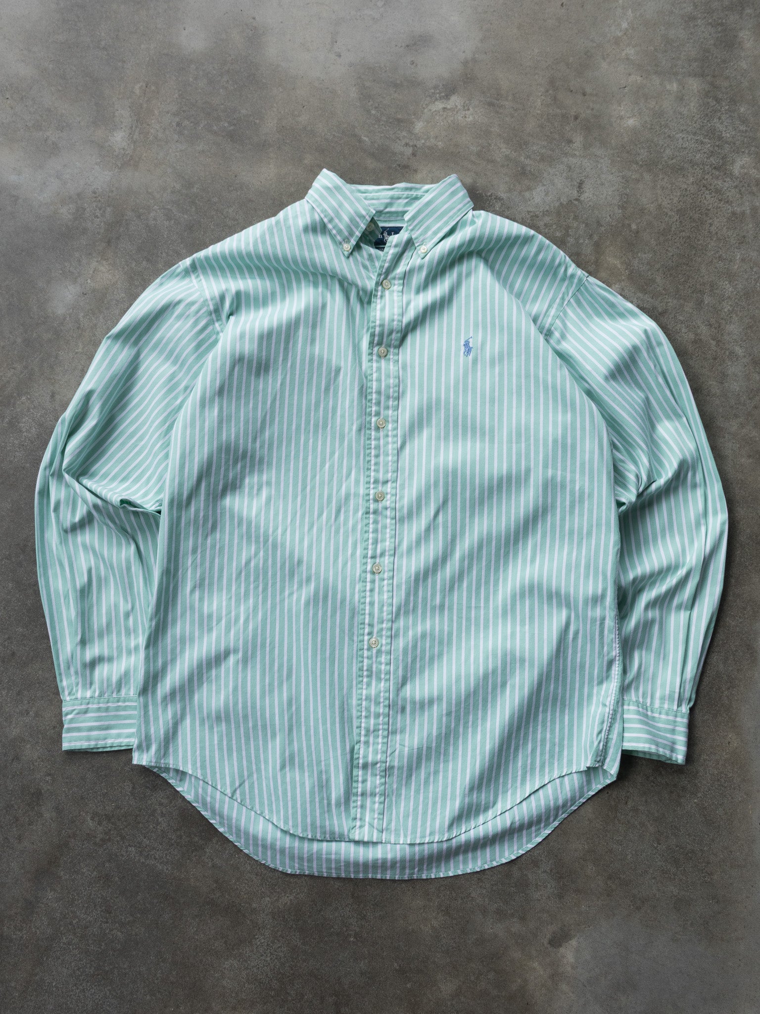 Vintage 90s Mint Green Ralph Lauren Striped Shirt (L)
