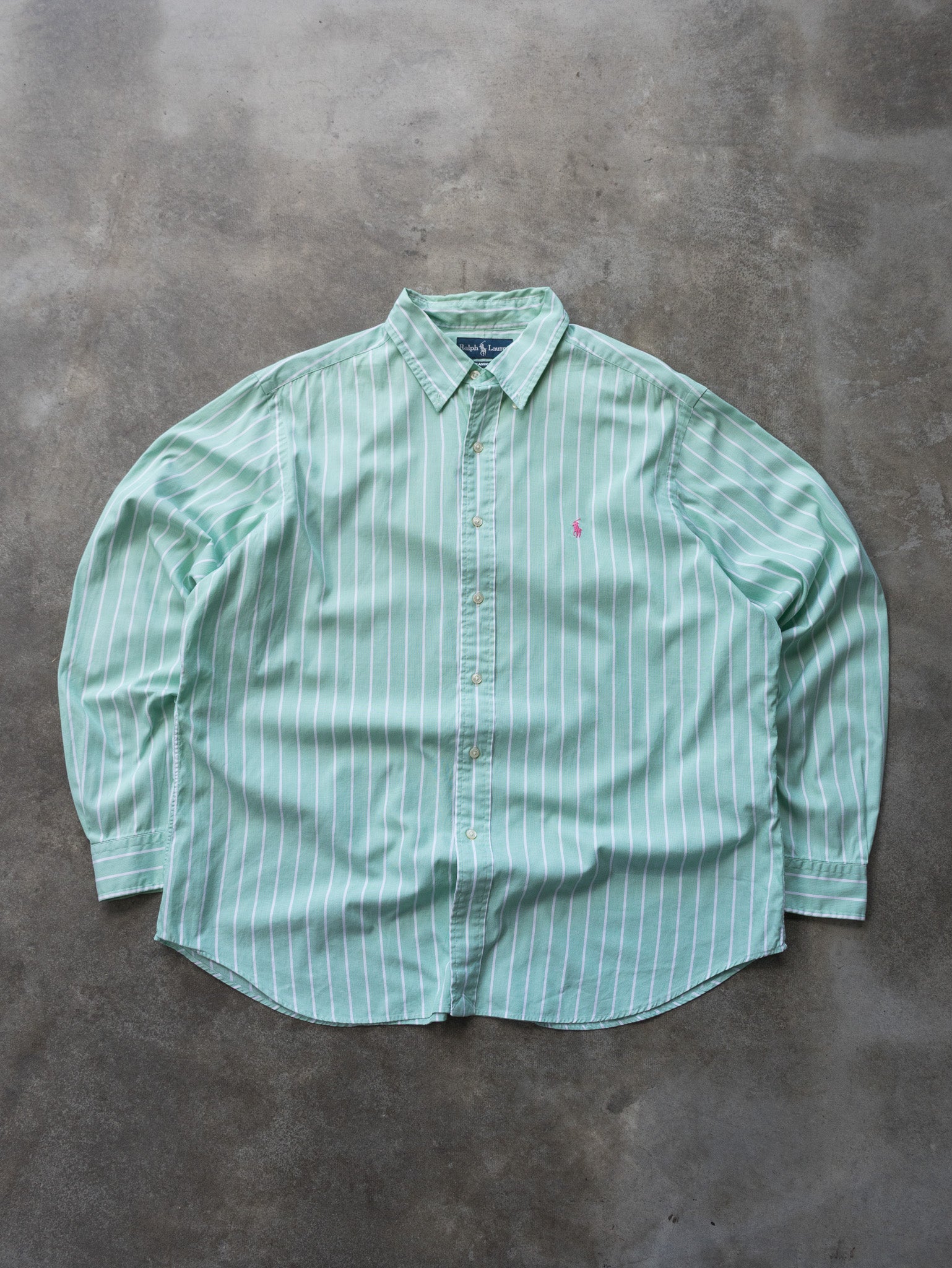 Vintage Green Ralph Lauren Striped Shirt (XL)